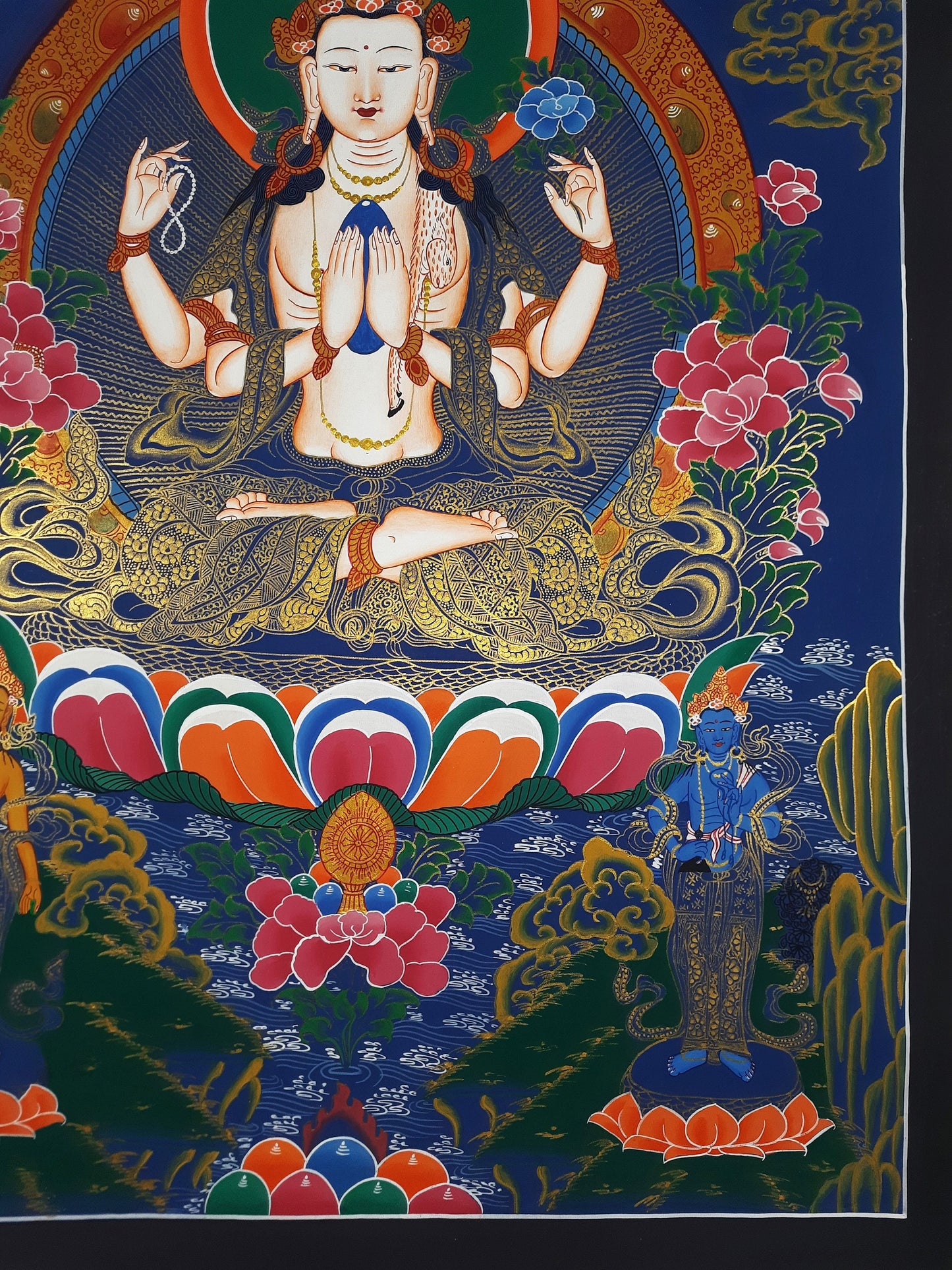 Original Hand Painted Chenrezig / Compassion Buddha Smoky Oil Tibetan Meditation Wall hanging Thangka / Thanka Painting