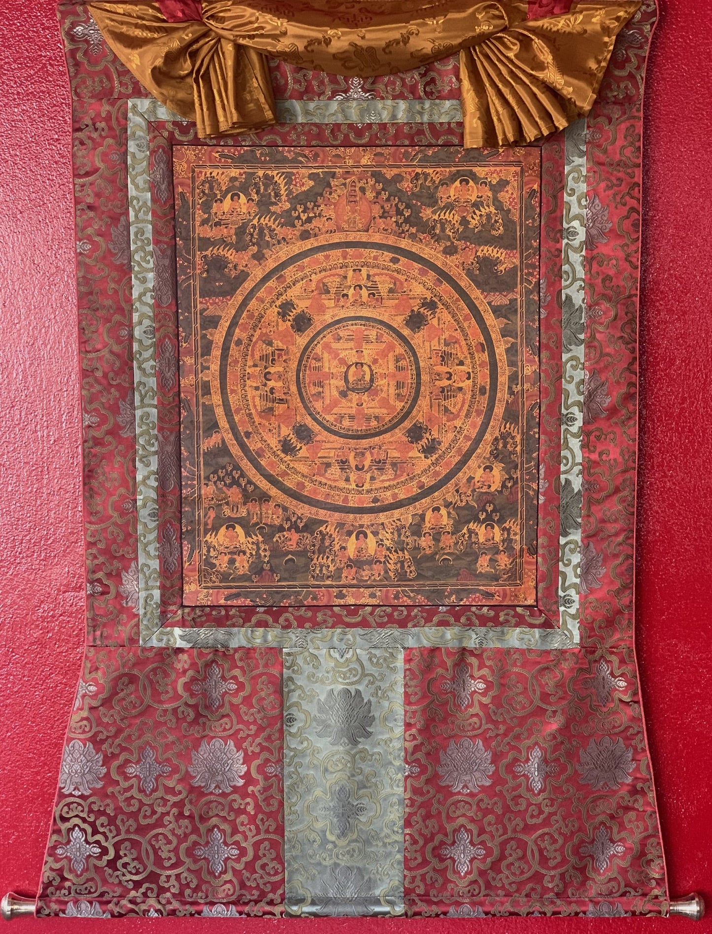 Original Hand Painted Buddha Life /Wheel of Time Mandala Oil Varnished Tibetan Thangka / Thanka Painting/ Wall Hanging with Silk Brocade