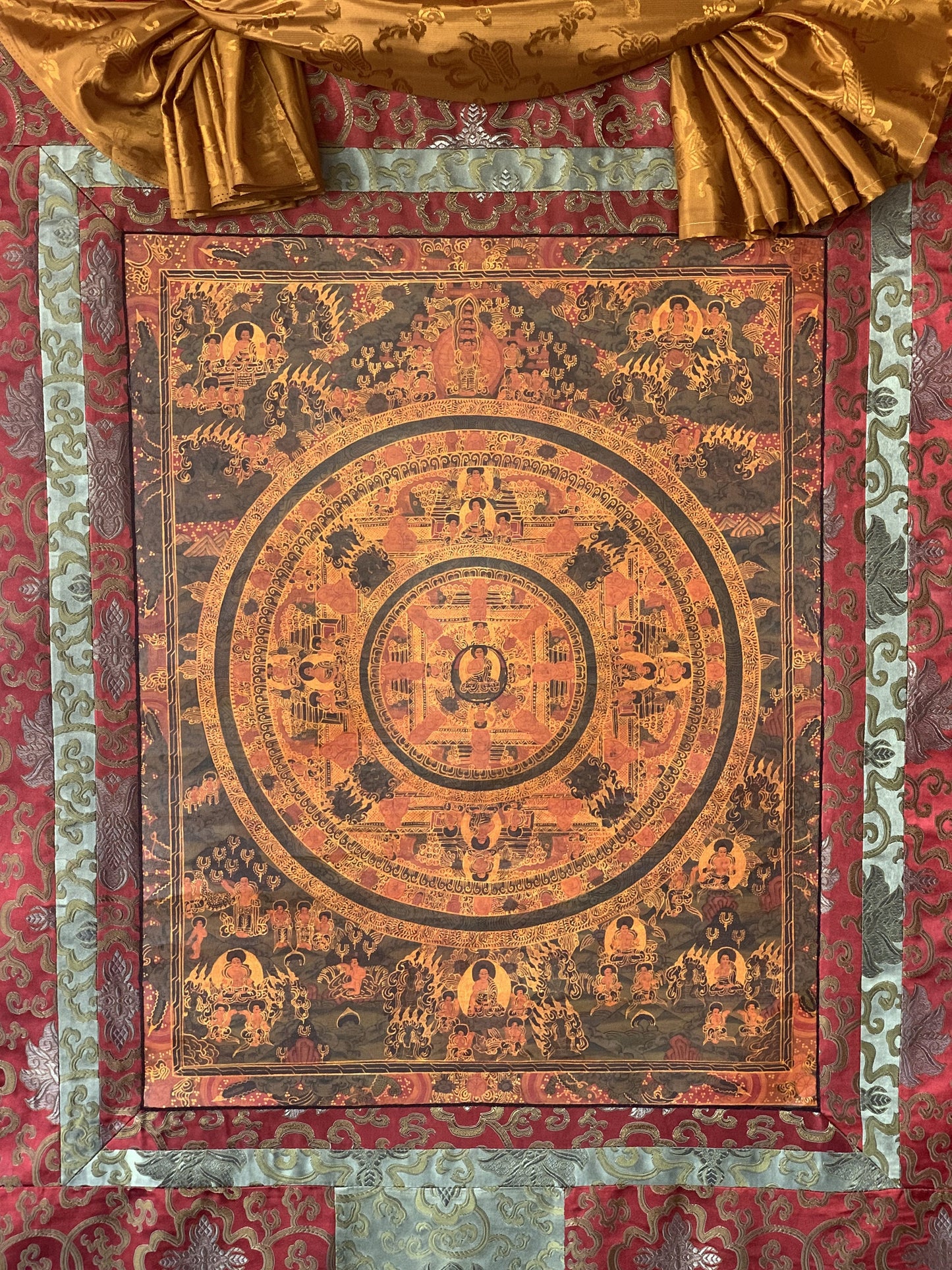 Original Hand Painted Buddha Life /Wheel of Time Mandala Oil Varnished Tibetan Thangka / Thanka Painting/ Wall Hanging with Silk Brocade