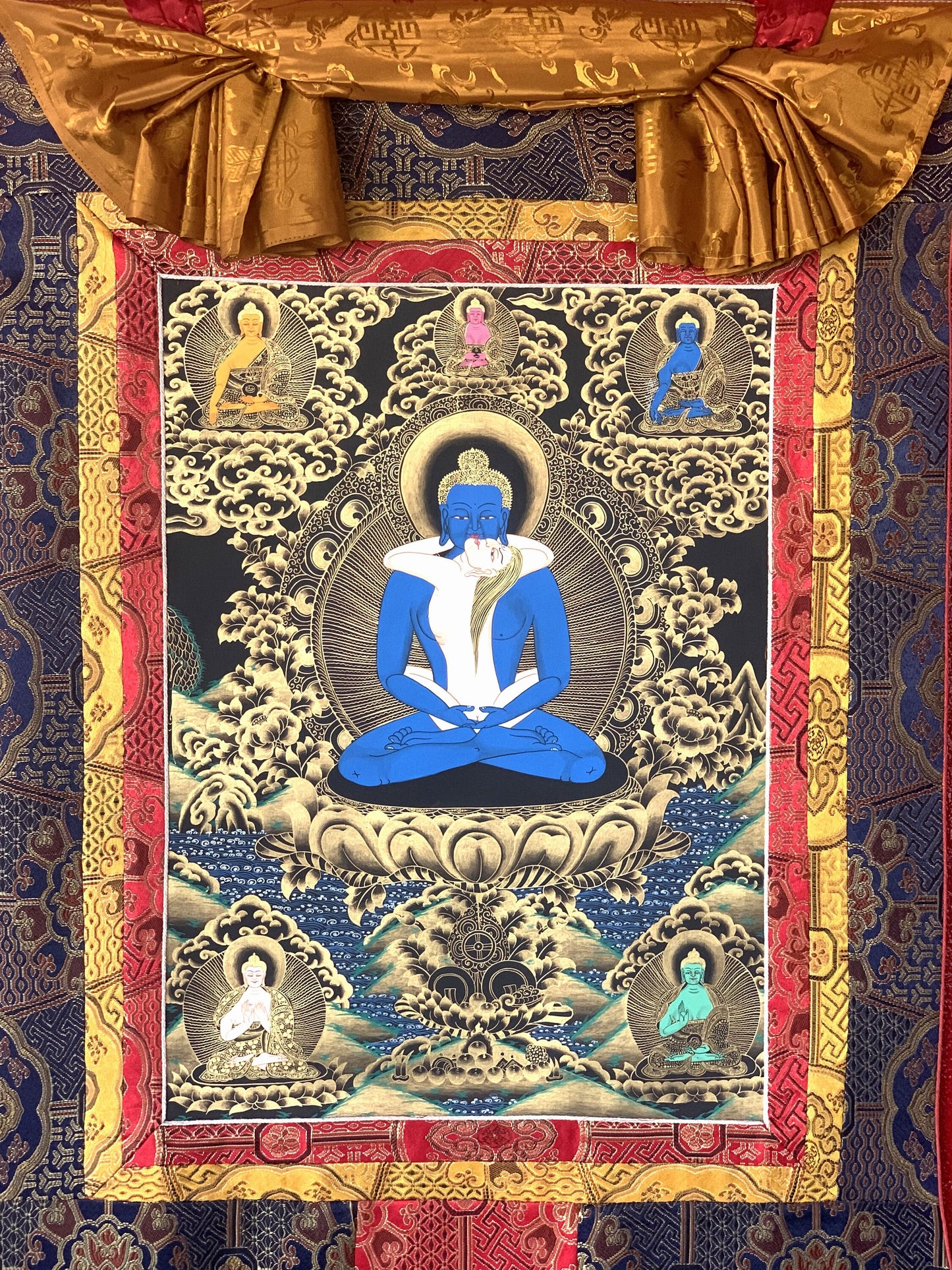 Original Hand Painted Buddha Shakti  / Samantabhadra  / Yab-Yum Tibetan Compassion Meditation Thangka Painting with Premium Silk Border