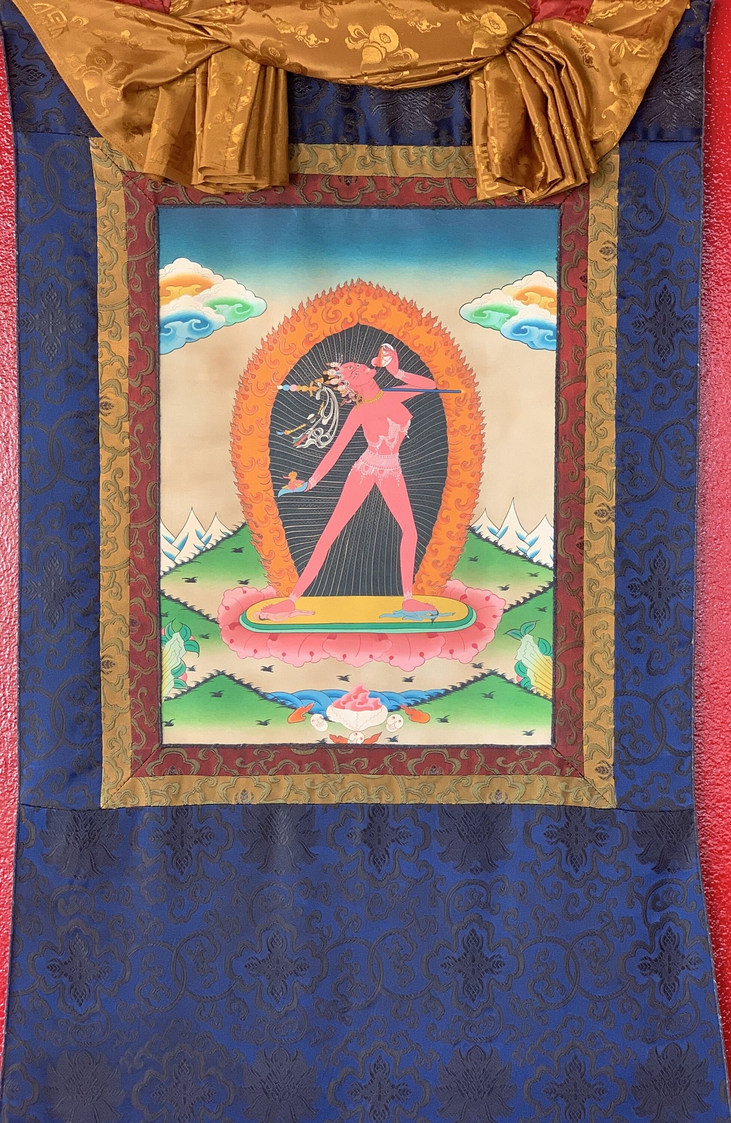 Original Hand Painted Vajrayogini / Vajrabarahi/ Dorje Neljorma / Tibetan Compassion Meditation Thangka Painting with Silk Brocade