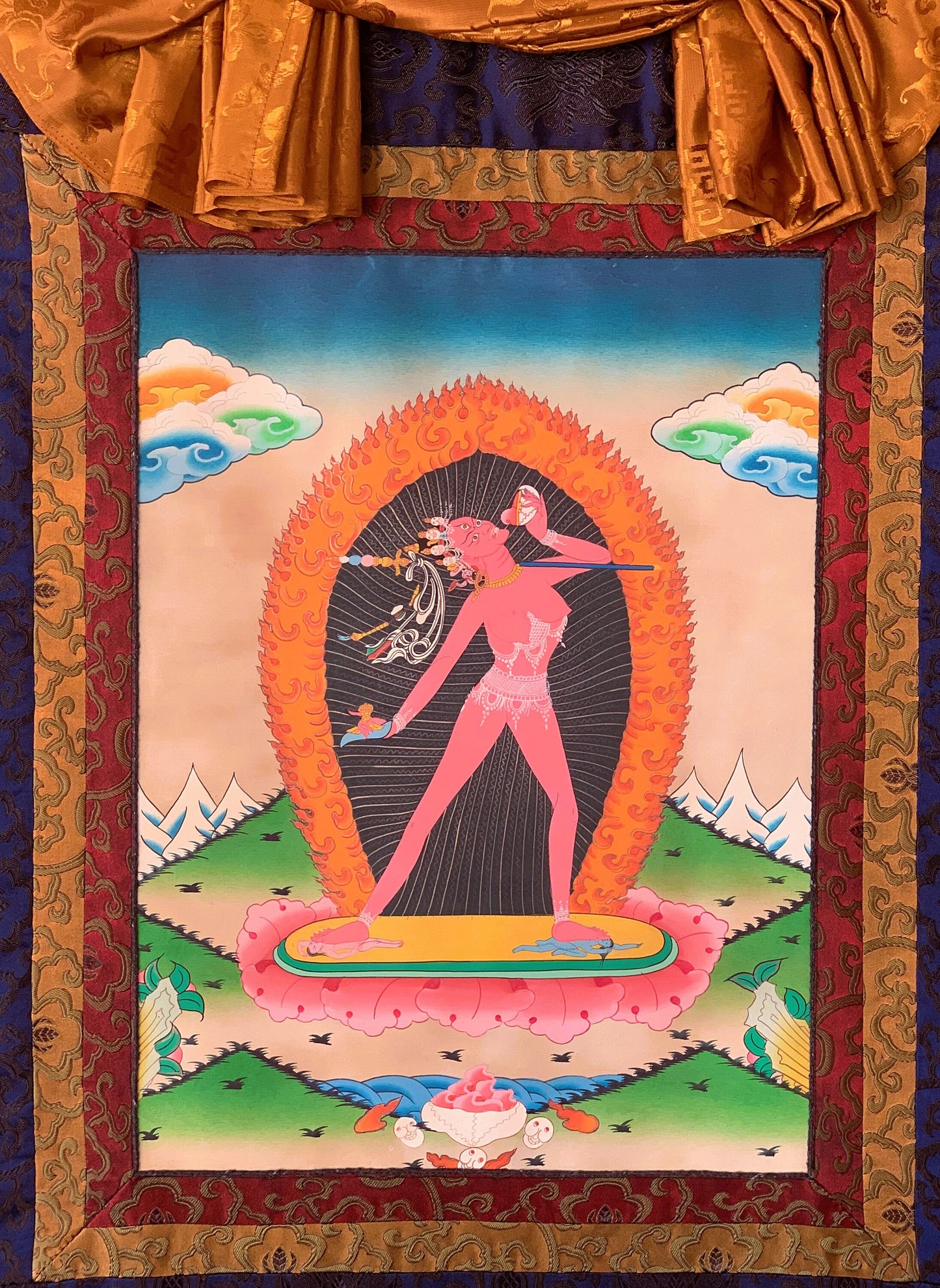 Original Hand Painted Vajrayogini / Vajrabarahi/ Dorje Neljorma / Tibetan Compassion Meditation Thangka Painting with Silk Brocade