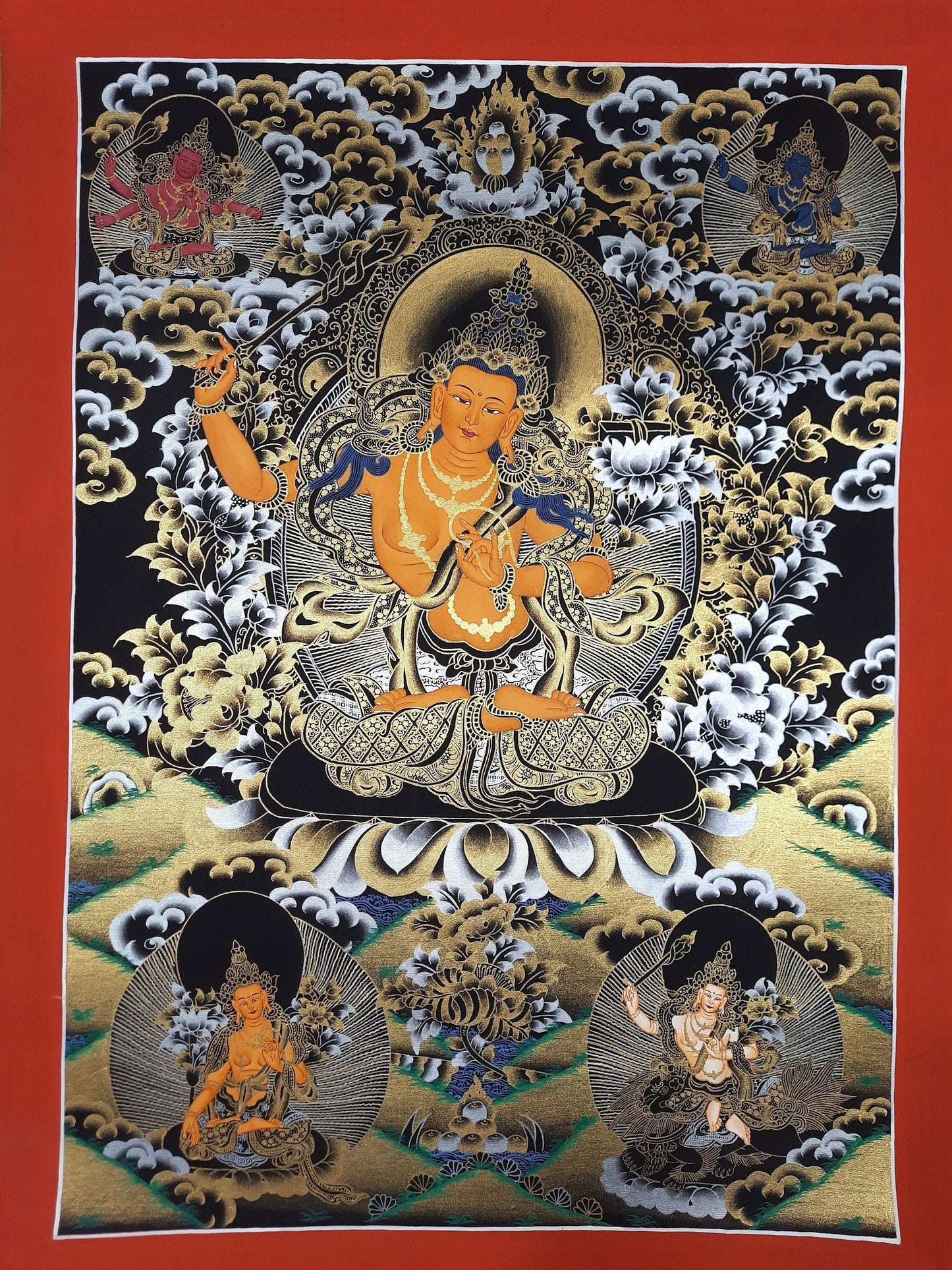 Hand-painted Original Master Quality  Pancha Manjushree/ Five Manjushri/ God OF Wisdom Tibetan Wall Hanging Thanka  / Thangka Painting