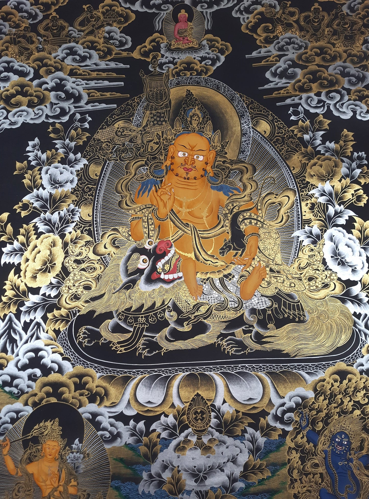 Original Hand Painted Jambhala/ Kubera/ God Of Wealth Tibetan Compassion / Meditation Thangka / Thanka  Painting/ Home Décor/ Wall Hanging