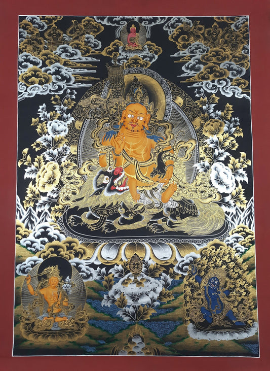 Original Hand Painted Jambhala/ Kubera/ God Of Wealth Tibetan Compassion / Meditation Thangka / Thanka  Painting/ Home Décor/ Wall Hanging