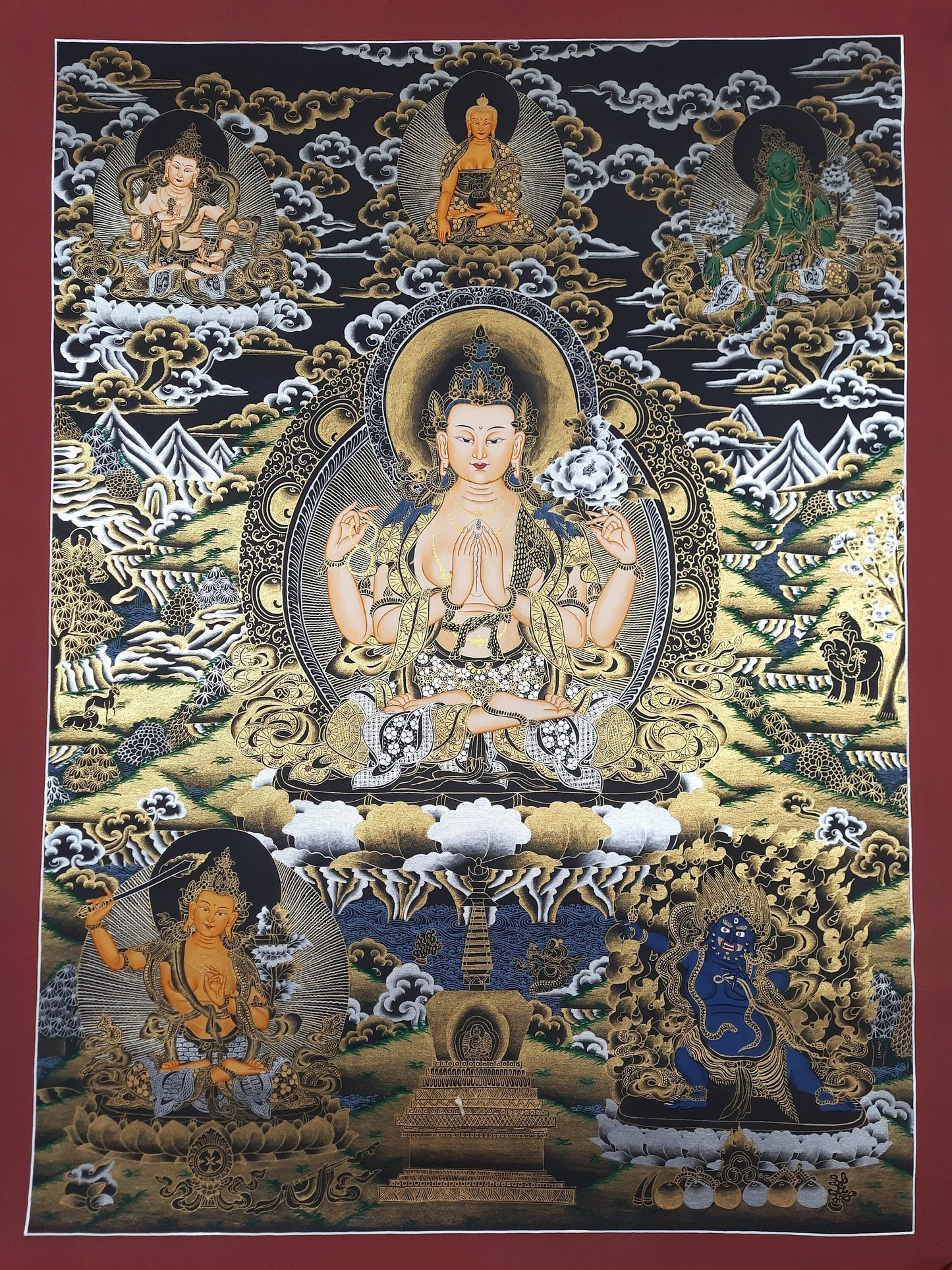 Original Hand Painted Chenrezig / Compassion Buddha Masterpiece Tibetan Meditation Wall hanging Thangka / Thanka Painting/ Buddhist Art