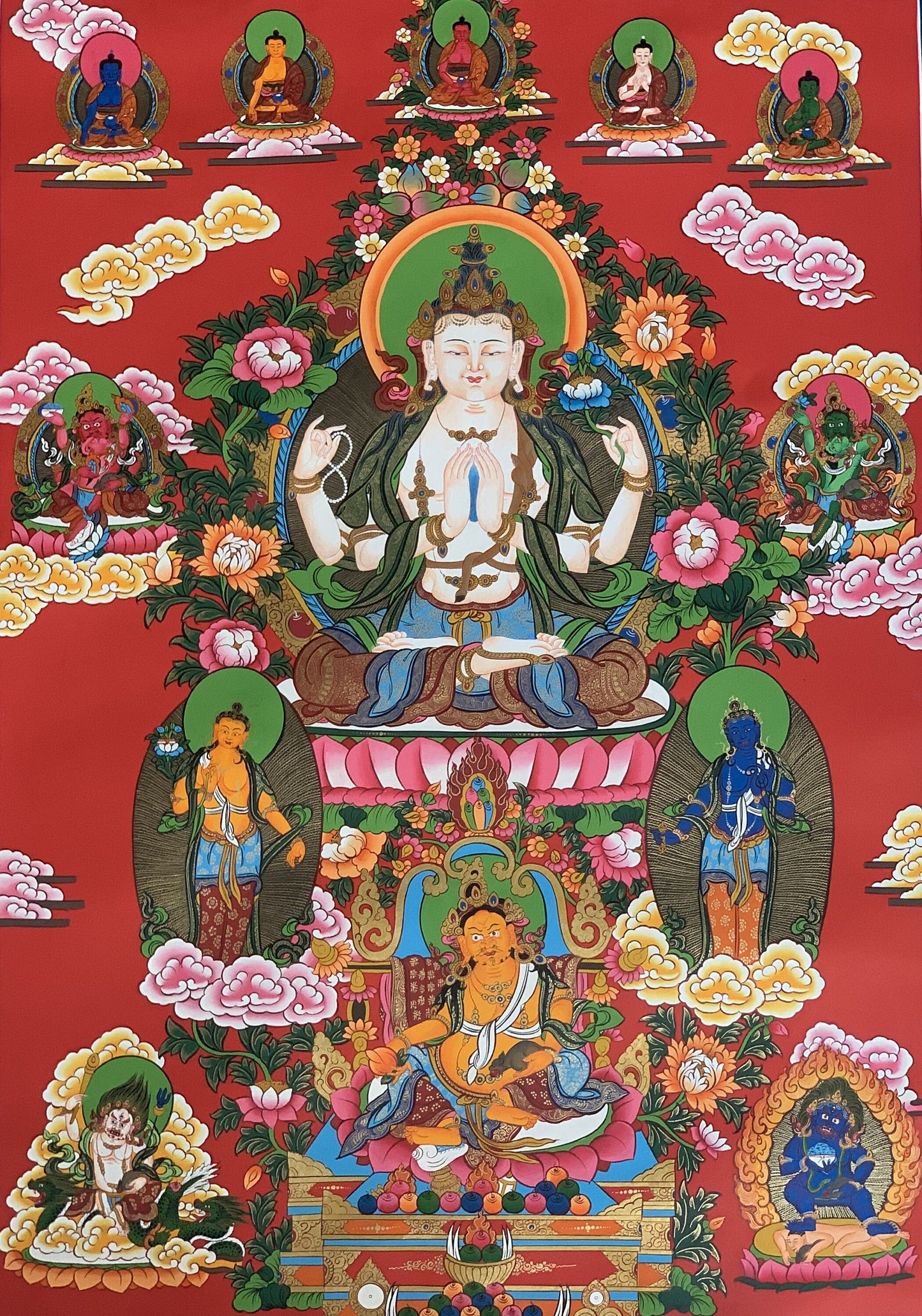 Original Hand Painted Masterpiece Avalokiteshvara/Chenrezig / Compassion Buddha 24 K Gold Tibetan Meditation Thangka / Thanka Painting