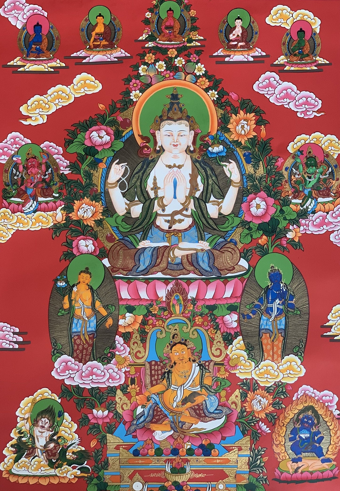 Original Hand Painted Masterpiece Avalokiteshvara/Chenrezig / Compassion Buddha 24 K Gold Tibetan Meditation Thangka / Thanka Painting