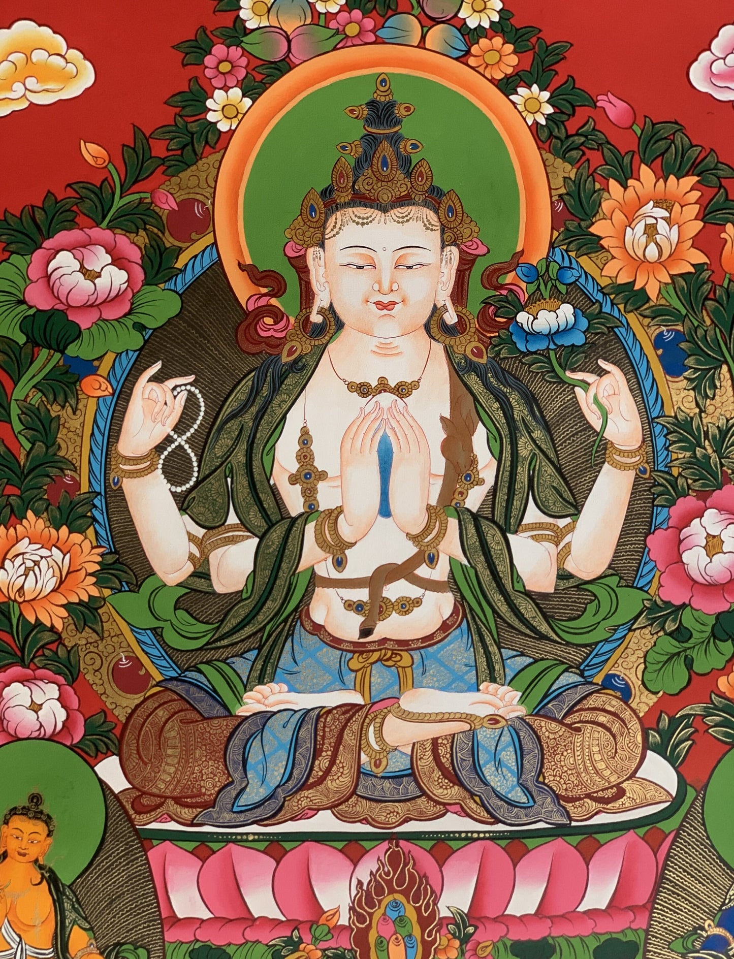 Original Hand Painted Masterpiece Avalokiteshvara/Chenrezig / Compassion Buddha 24 K Gold Tibetan Meditation Thangka / Thanka Painting