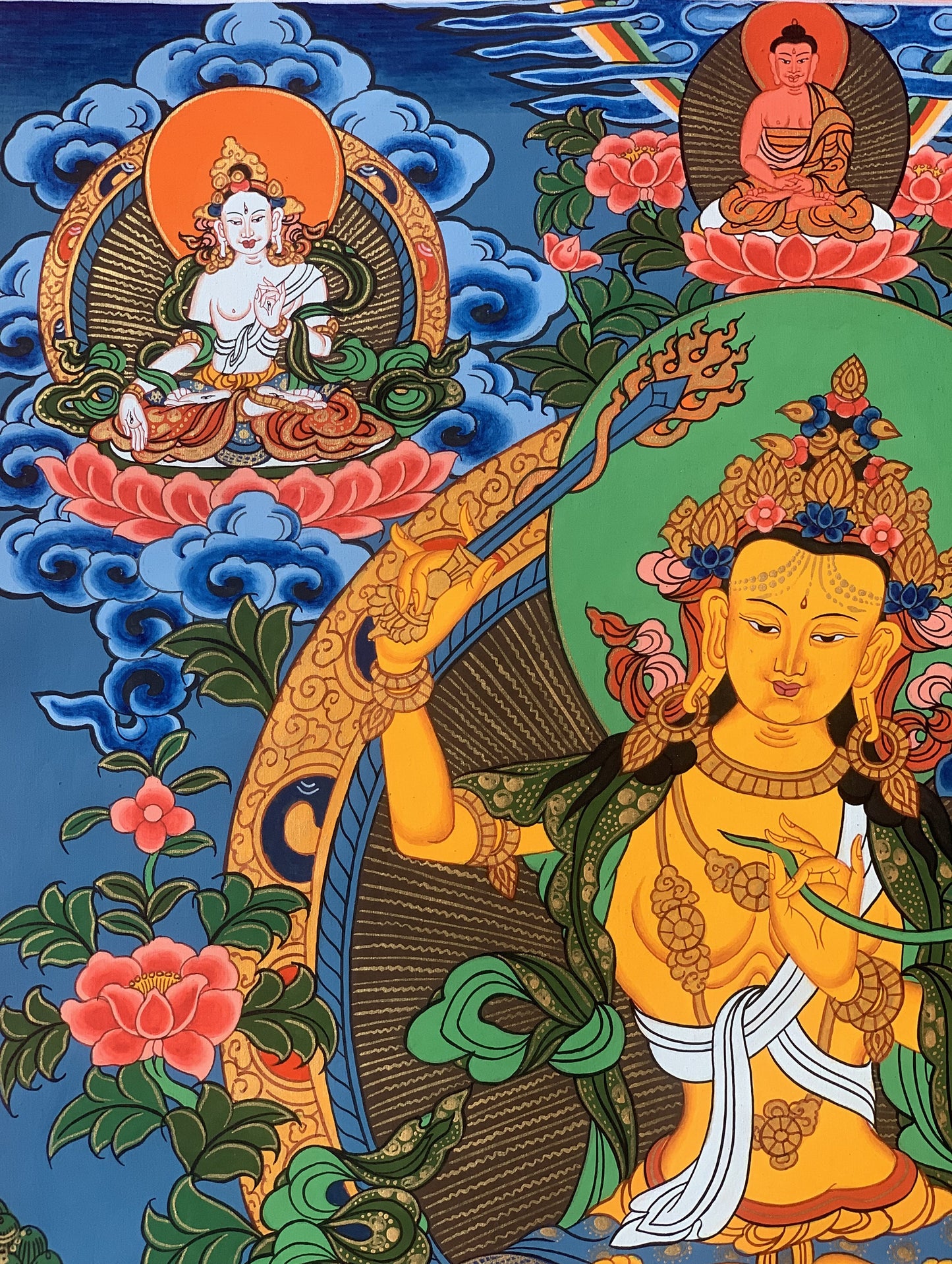 Hand painted Original Master Quality Manjushree / Jampelyang/ God Of Wisdom Tibetan Thanka  / Thangka Painting with Silk Brocade from Nepal