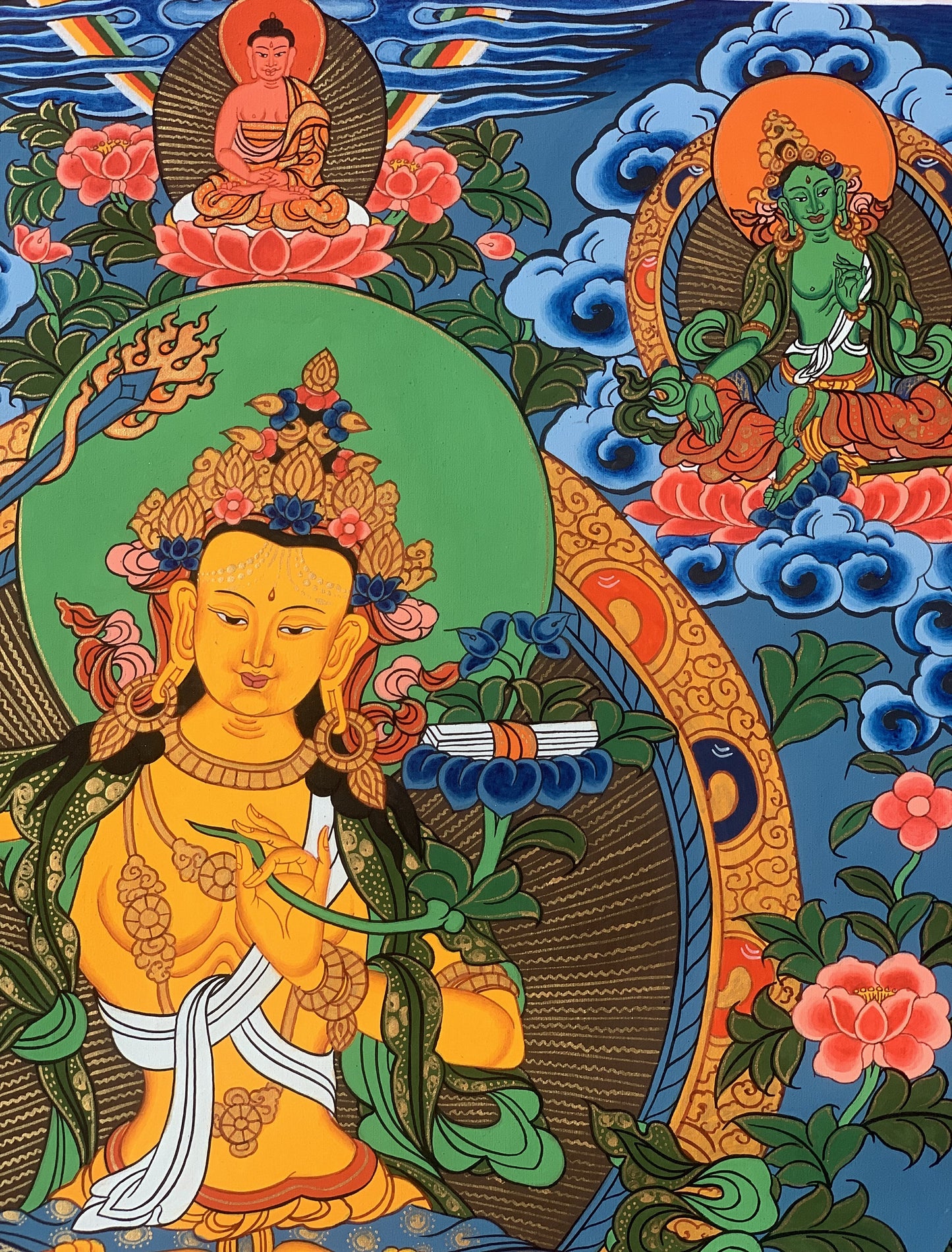 Hand painted Original Master Quality Manjushree / Jampelyang/ God Of Wisdom Tibetan Thanka  / Thangka Painting with Silk Brocade from Nepal