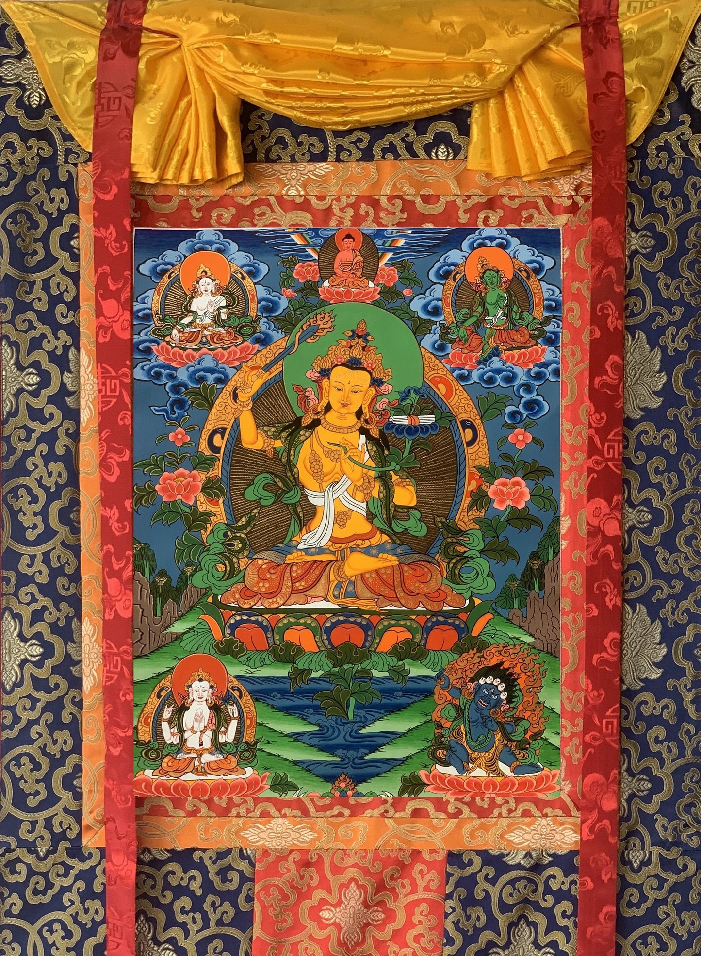 Hand painted Original Master Quality Manjushree / Jampelyang/ God Of Wisdom Tibetan Thanka  / Thangka Painting with Silk Brocade from Nepal