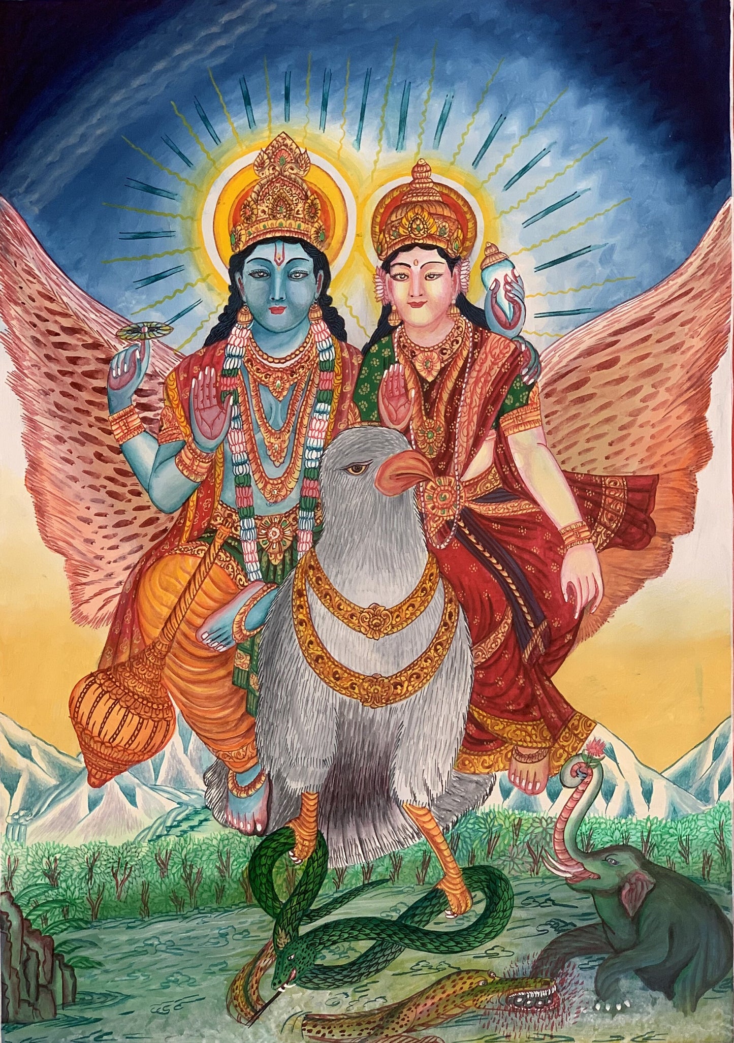 Hand-painted Original Lakshmi Narayana ( Vishnu) Divine Couple Riding on Garuda Newari Paubha/Pauva /Thanka  / Thangka Painting From Nepal