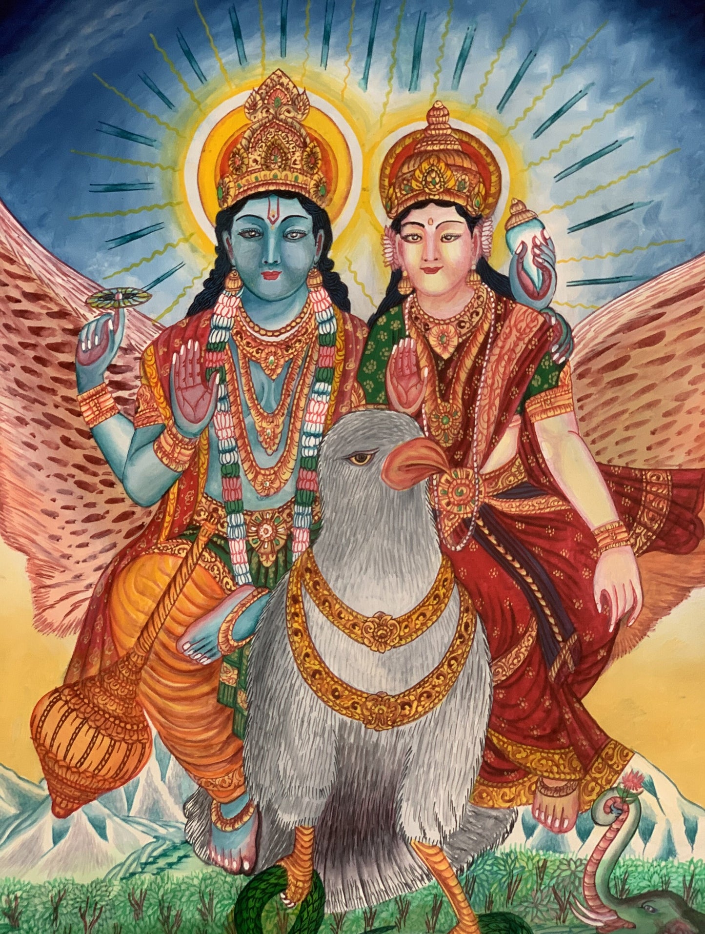 Hand-painted Original Lakshmi Narayana ( Vishnu) Divine Couple Riding on Garuda Newari Paubha/Pauva /Thanka  / Thangka Painting From Nepal