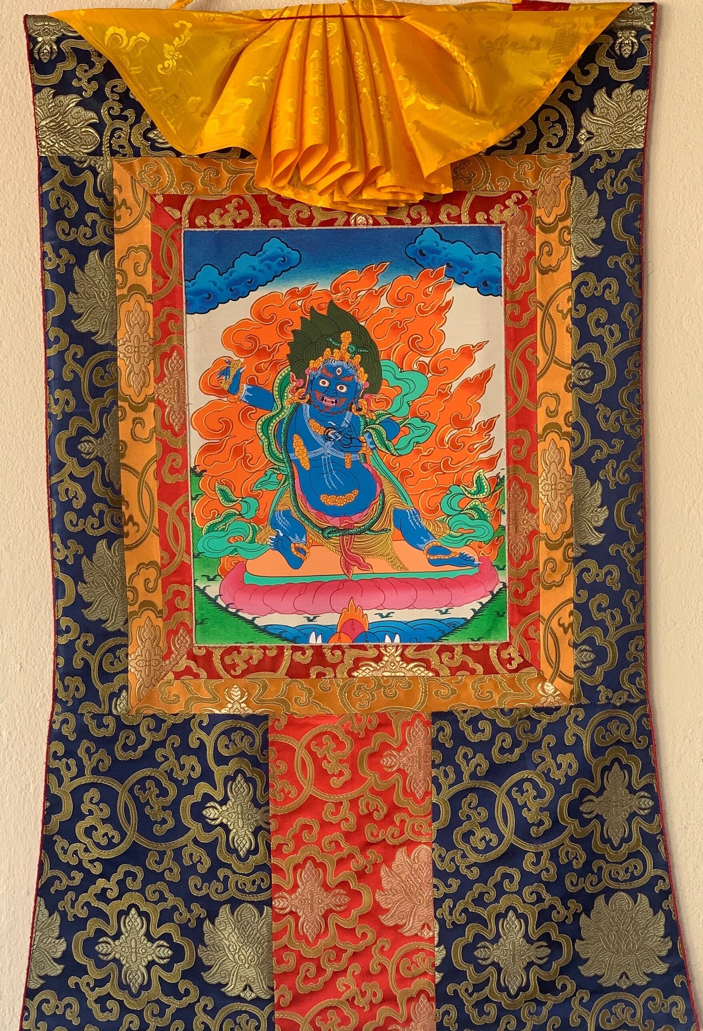 Original Hand-painted Vajarapani, Sangdag Chagna Dorje, Tibetan Thangka  Painting with Silk Brocade