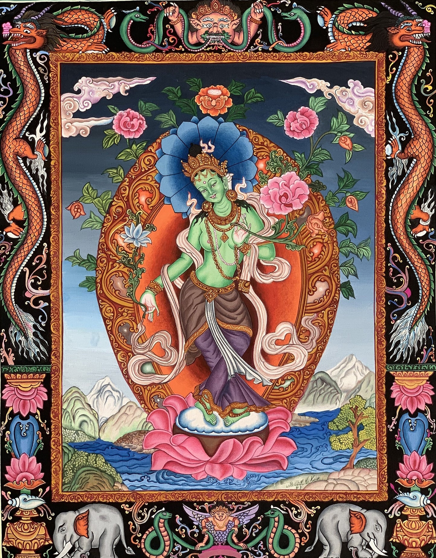 Original Hand-Painted High Quality Masterpiece Green Tara/ Mother Tara/ Shyamatara Traditional Newari Paubha/ Pauva/ Thangka Painting