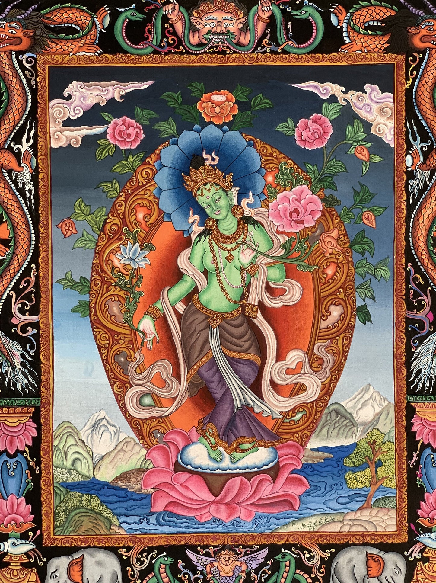 Original Hand-Painted High Quality Masterpiece Green Tara/ Mother Tara/ Shyamatara Traditional Newari Paubha/ Pauva/ Thangka Painting