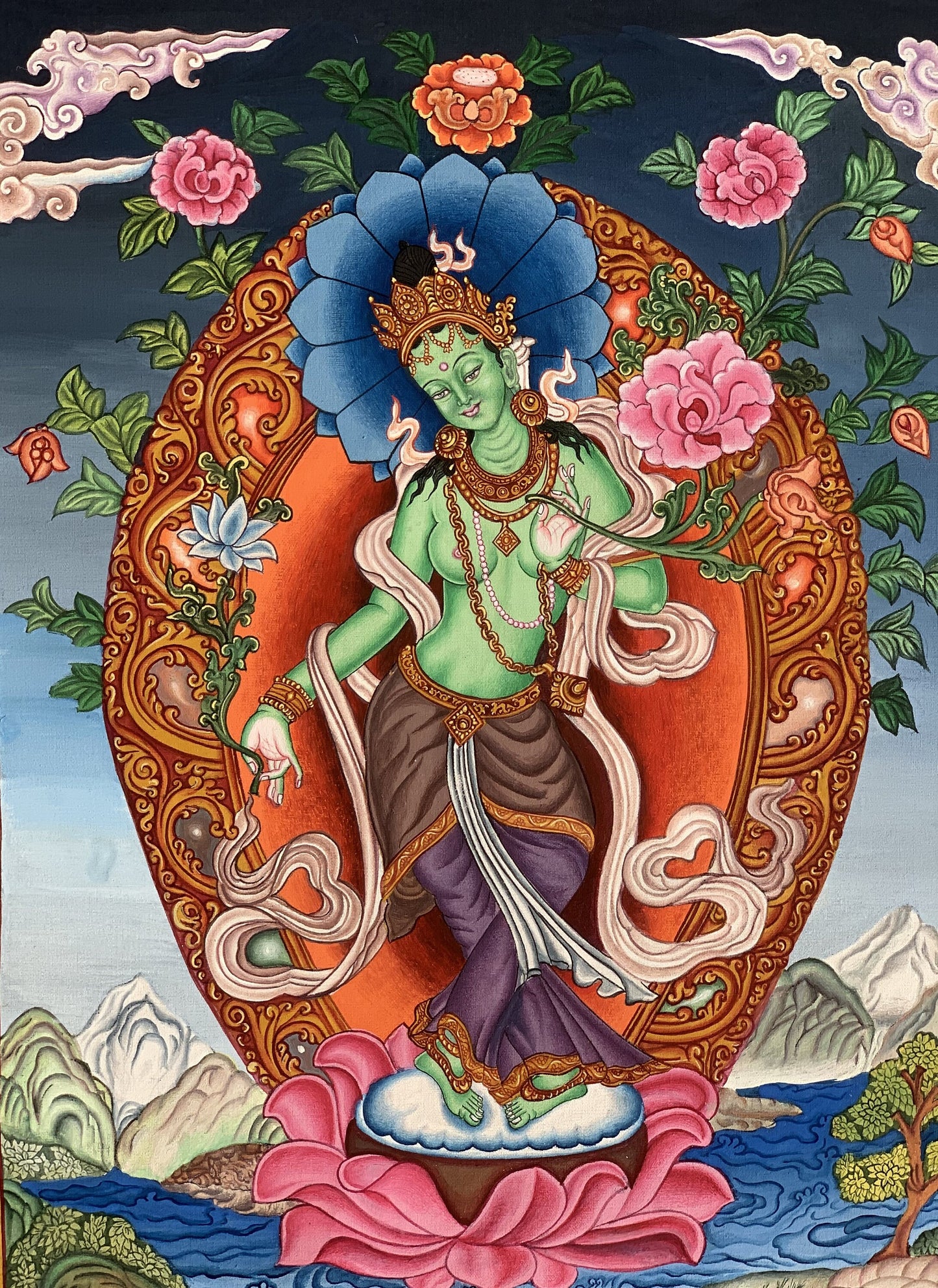 Original Hand-Painted High Quality Masterpiece Green Tara/ Mother Tara/ Shyamatara Traditional Newari Paubha/ Pauva/ Thangka Painting