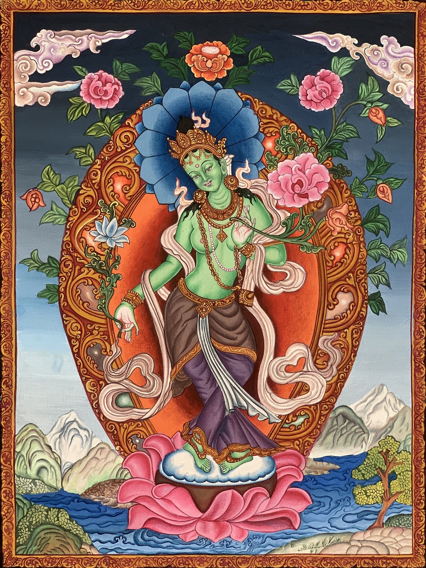 Original Hand-Painted High Quality Masterpiece Green Tara/ Mother Tara/ Shyamatara Traditional Newari Paubha/ Pauva/ Thangka Painting