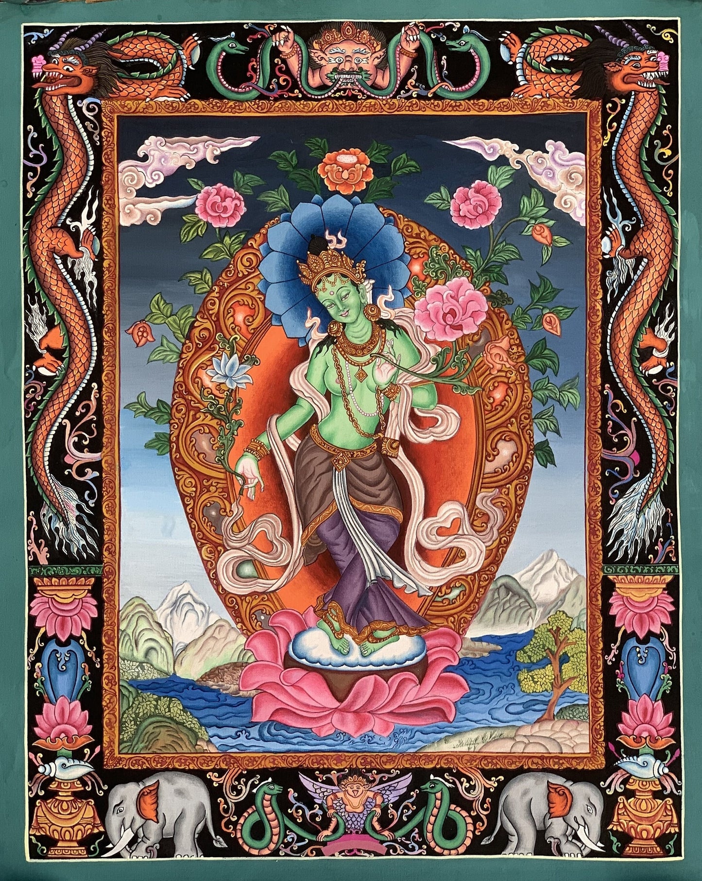 Original Hand-Painted High Quality Masterpiece Green Tara/ Mother Tara/ Shyamatara Traditional Newari Paubha/ Pauva/ Thangka Painting