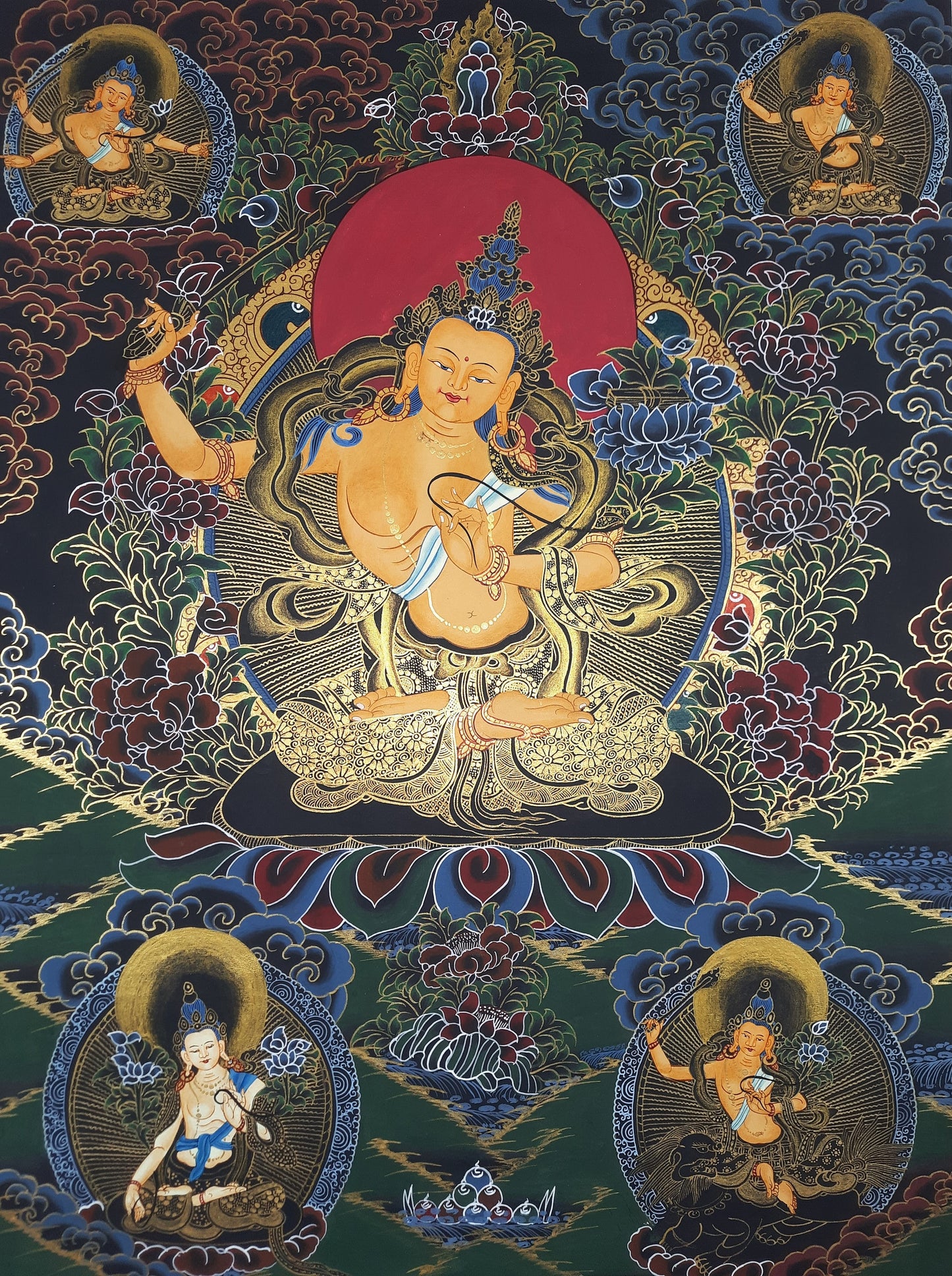 Hand painted Original Master Quality  Pancha Manjushree/ Five Manjushri /Jampelyang/ God OF Wisdom Tibetan Thanka  / Thangka / Painting