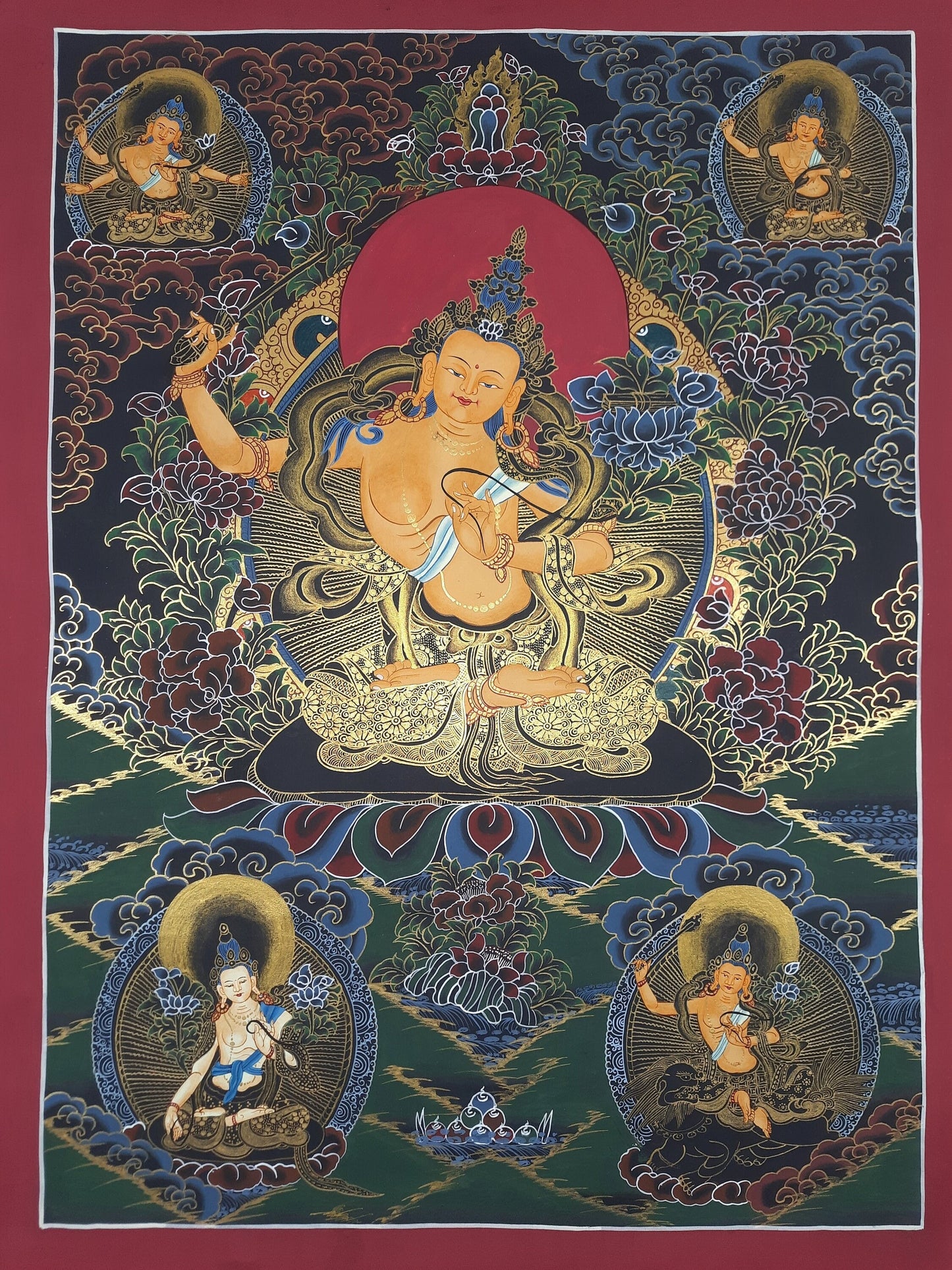 Hand painted Original Master Quality  Pancha Manjushree/ Five Manjushri /Jampelyang/ God OF Wisdom Tibetan Thanka  / Thangka / Painting