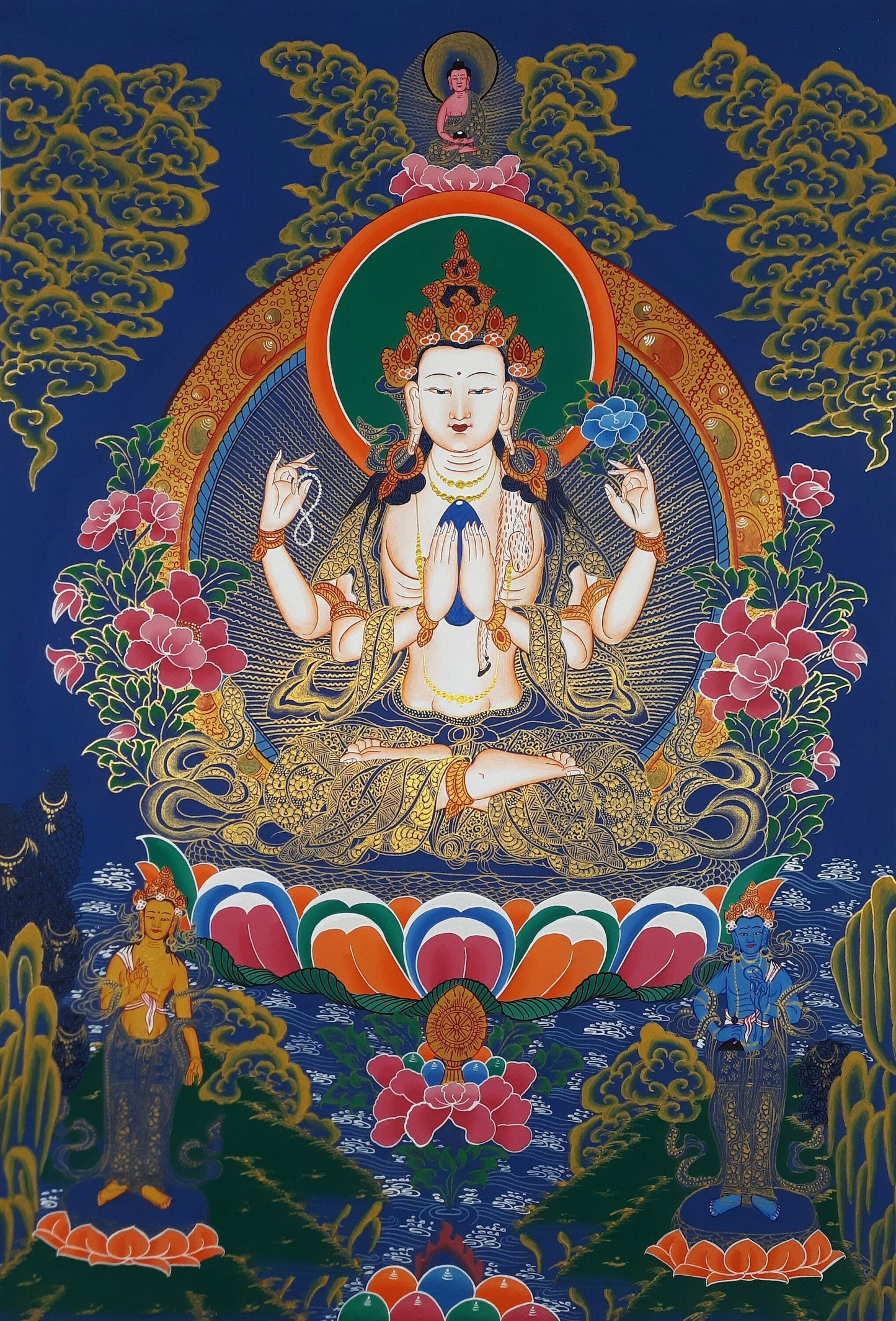 Original Hand Painted Chenrezig / Avalokiteshvara Compassion Buddha Tibetan  Meditation Wall hanging Thangka / Thanka  Painting From Nepal