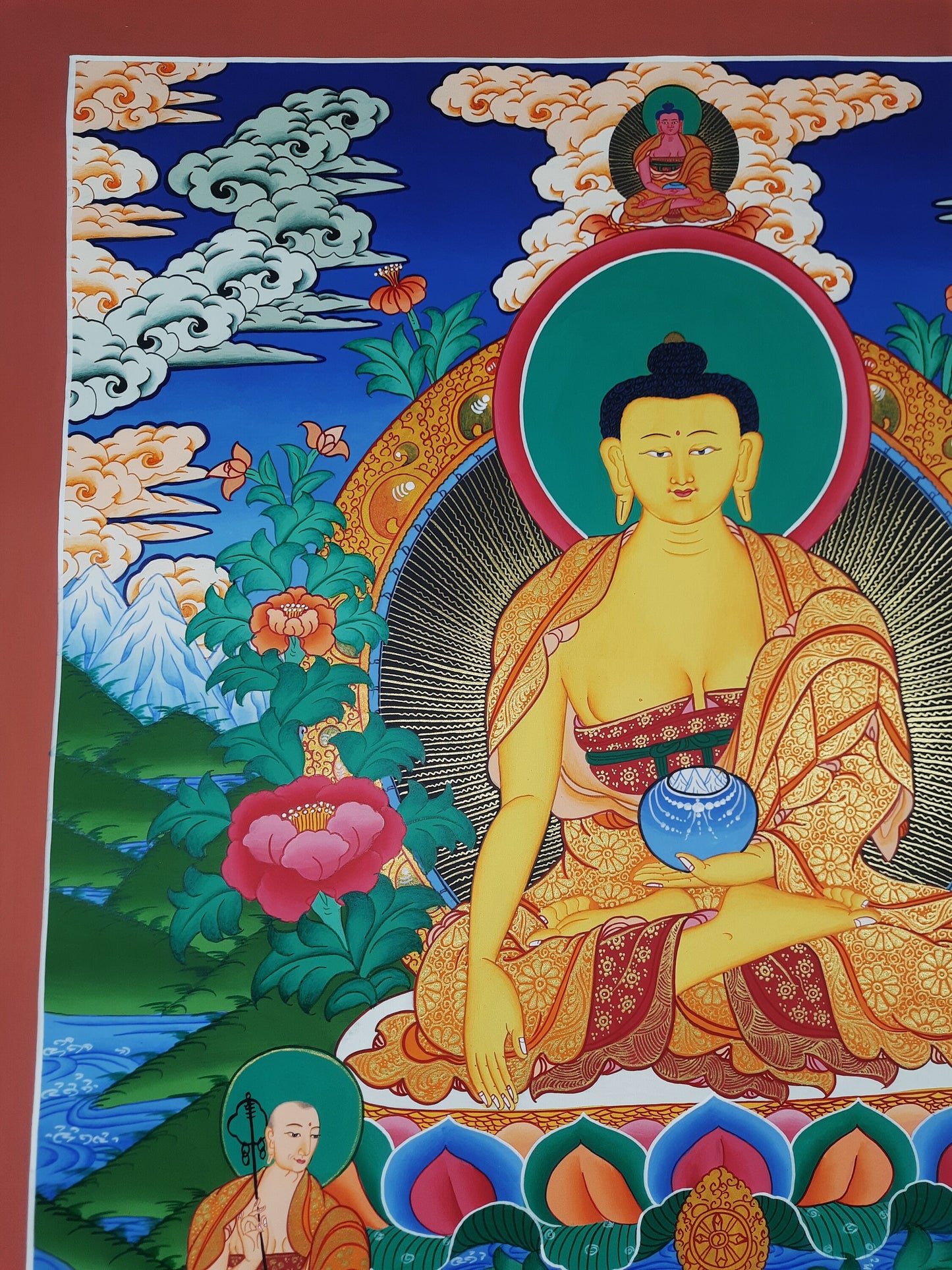 Original Hand Painted Shakyamuni Buddha / Gautama Masterpiece With Two Disciples Tibetan mediation Painting Thangka / Thanka From Nepal