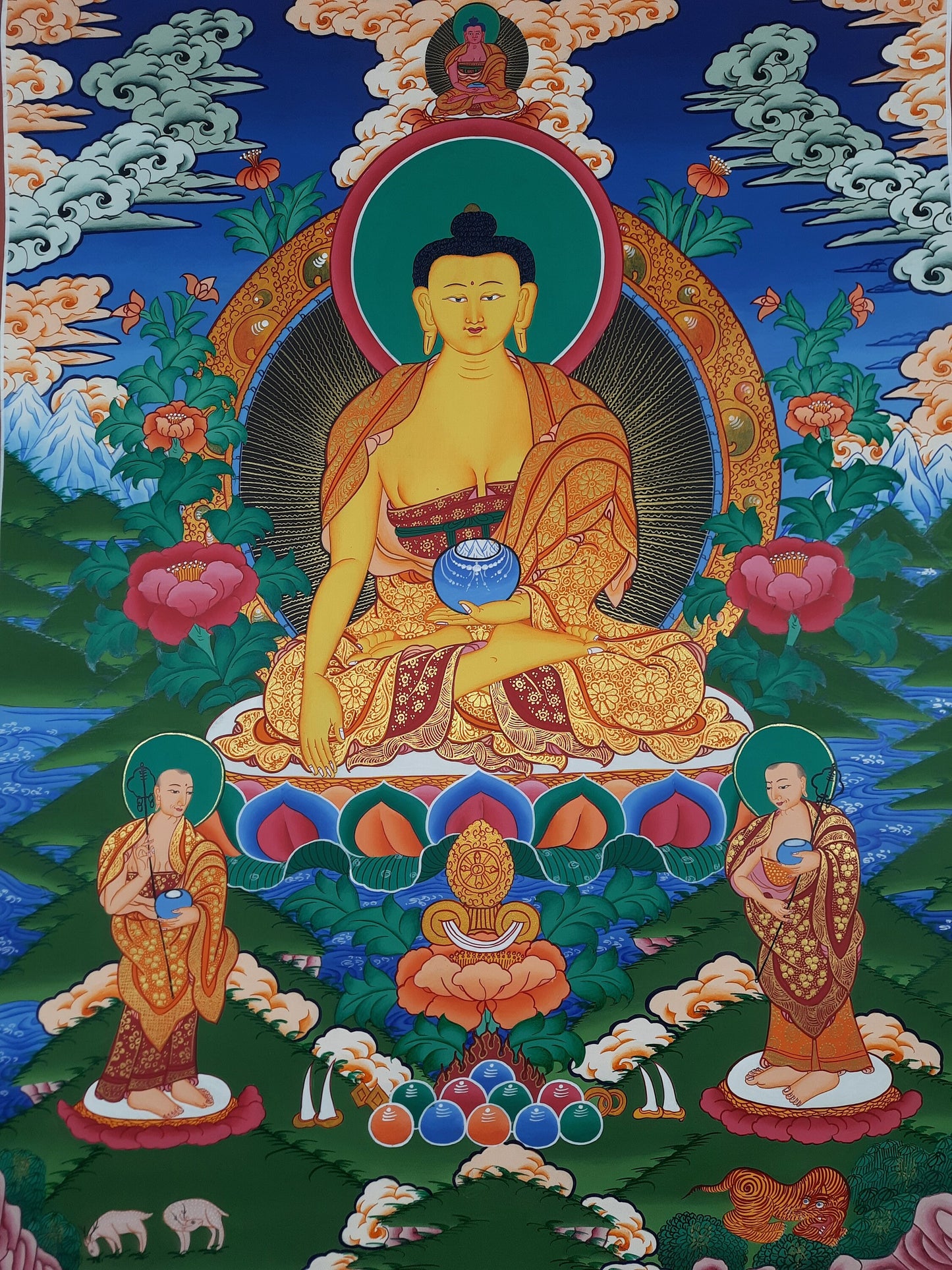 Original Hand Painted Shakyamuni Buddha / Gautama Masterpiece With Two Disciples Tibetan mediation Painting Thangka / Thanka From Nepal