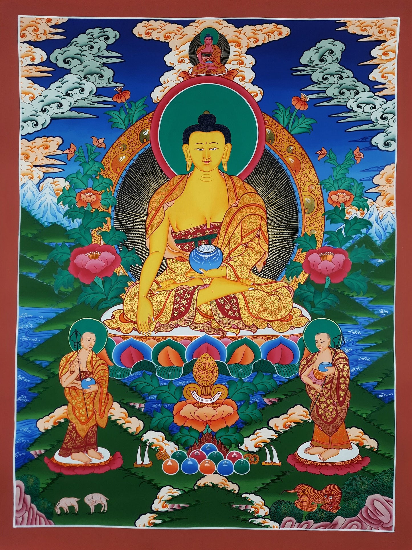 Original Hand Painted Shakyamuni Buddha / Gautama Masterpiece With Two Disciples Tibetan mediation Painting Thangka / Thanka From Nepal