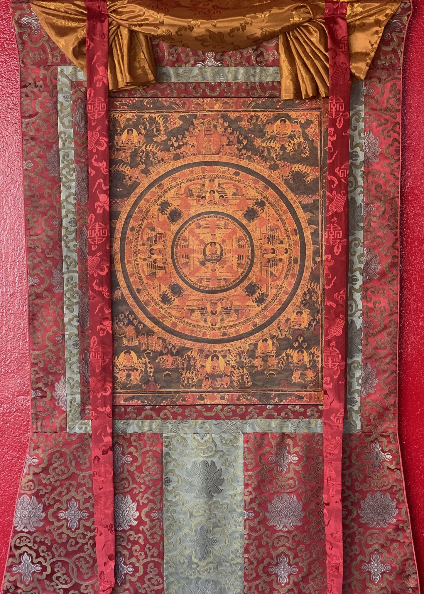 Original Hand Painted Buddha Life /Wheel of Time Mandala Oil Varnished Tibetan Thangka / Thanka Painting/ Wall Hanging with Silk Brocade