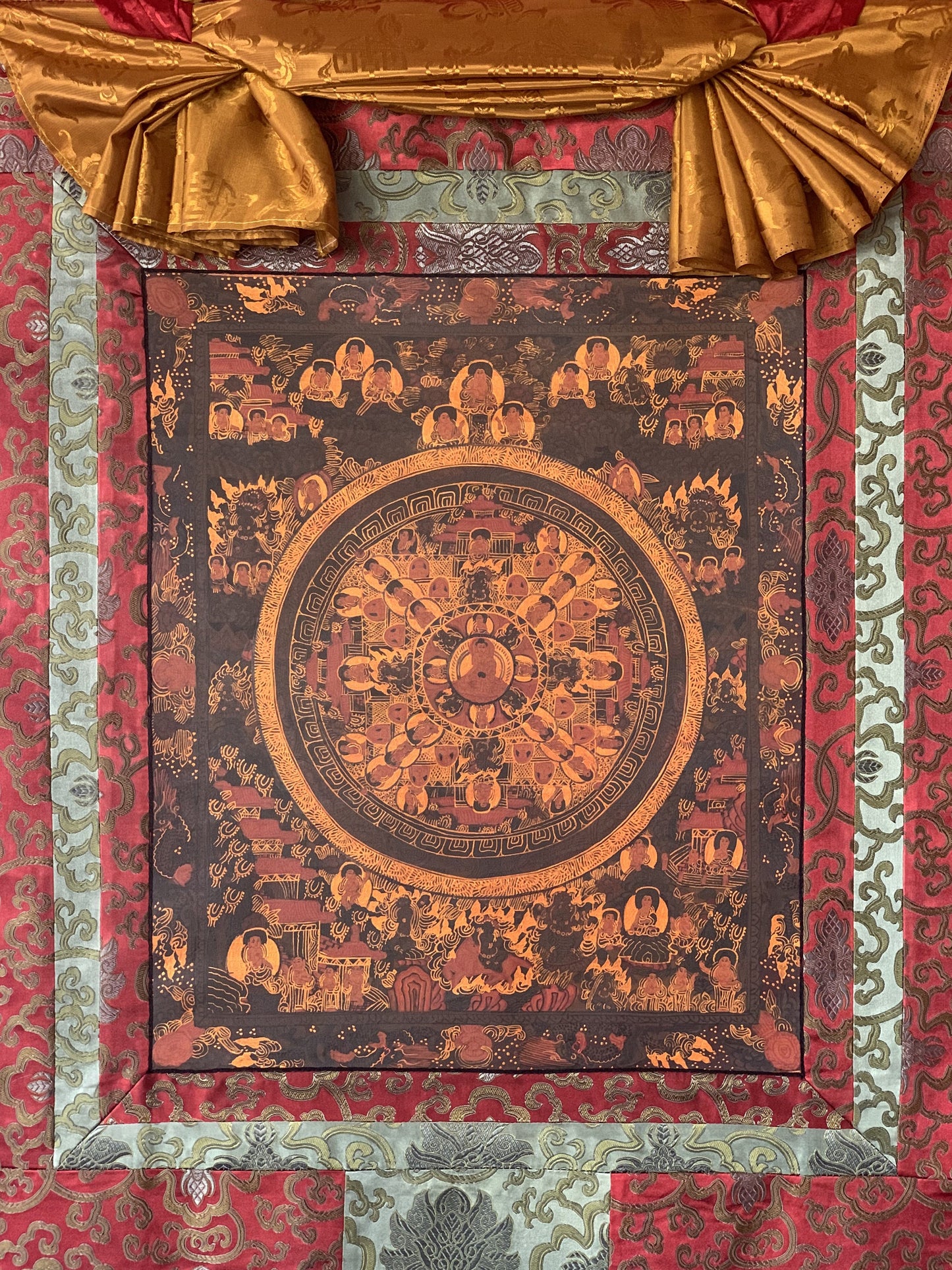 Original Hand Painted Buddha Life /Wheel of Life Mandala Oil Varnished Tibetan Thangka / Thanka Painting/ Wall Hanging with Silk Brocade