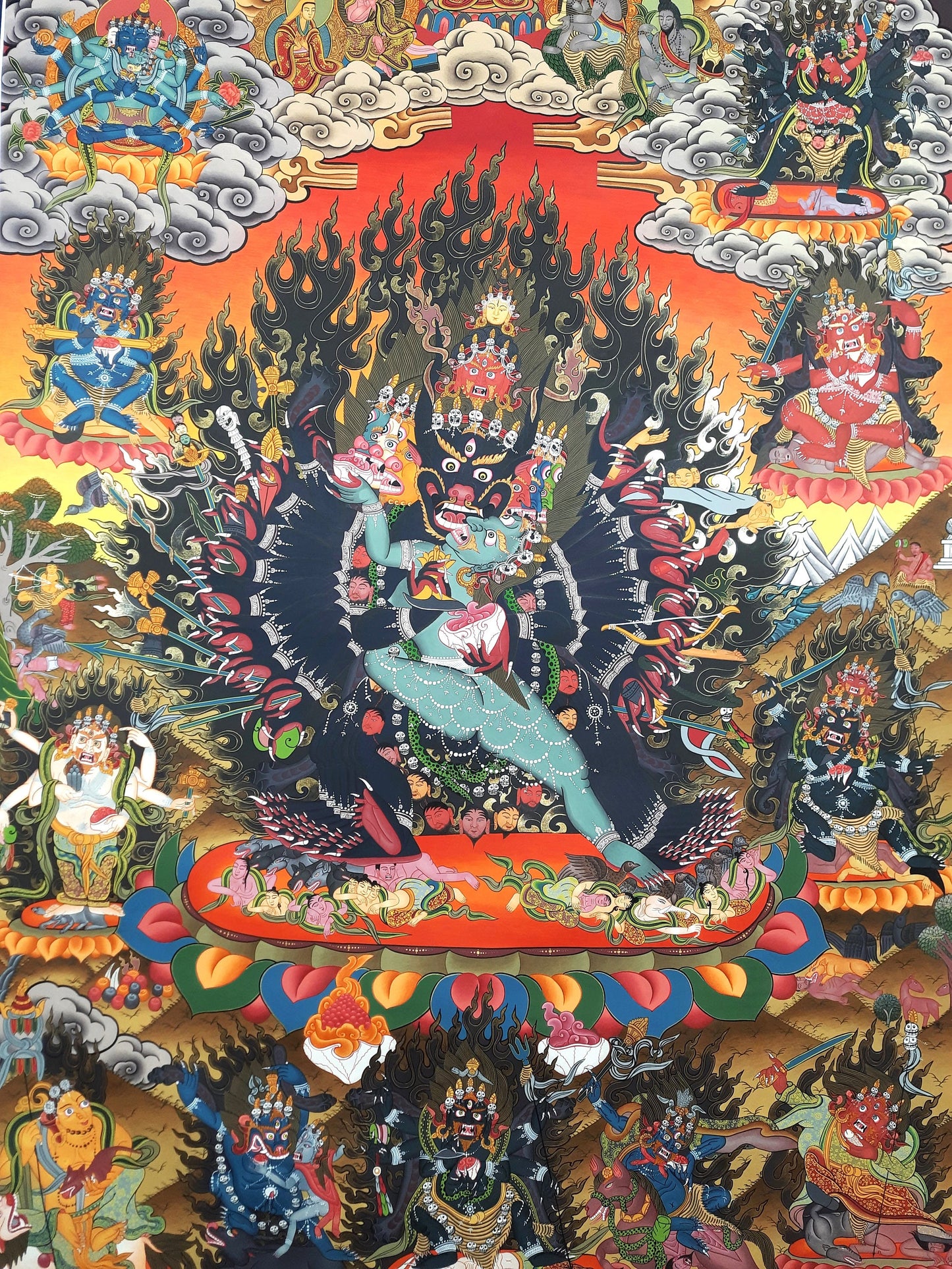 Hand Painted Original Large 24k Gold Yamantaka with Consort Master Quality Tibetan Thangka Painting/ Wall hanging/ Compassion Meditation Art