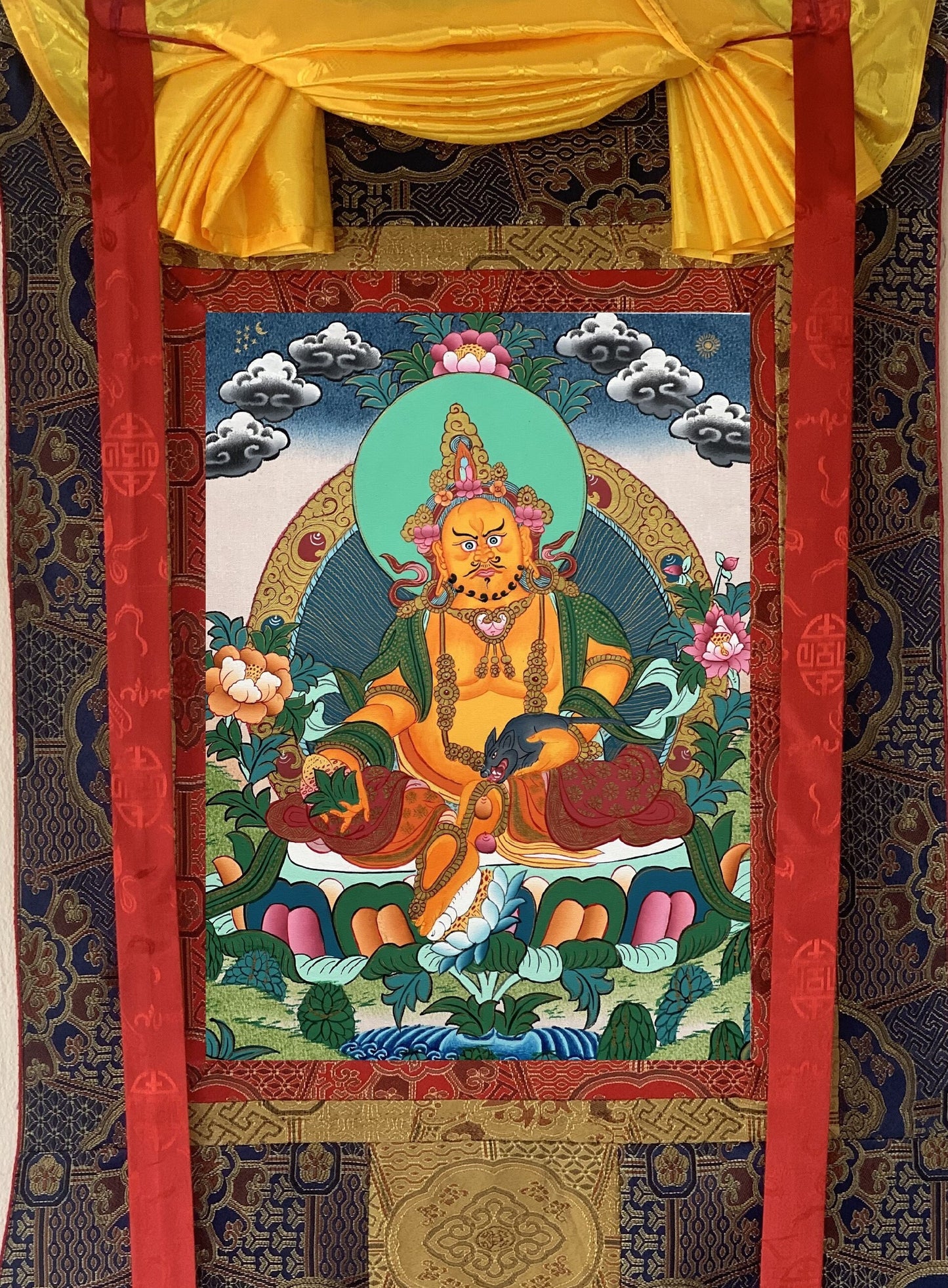 Original Hand-painted, Jambhala / Zambhala/ Kuber/ God of Wealth Masterpiece Tibetan Thangka Painting with Premium Khadi Silk Brocade