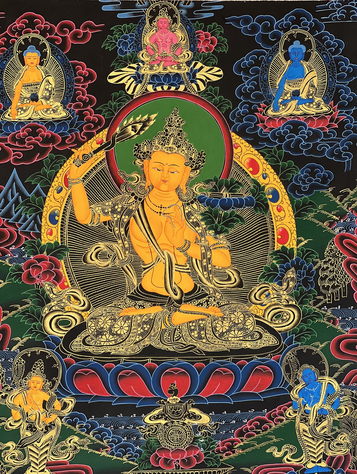 Original Hand Painted Manjushri / God Of Wisdom  Compassion / Meditation Wall Hanging Thangka / Painting with High-Quality Silk Brocade