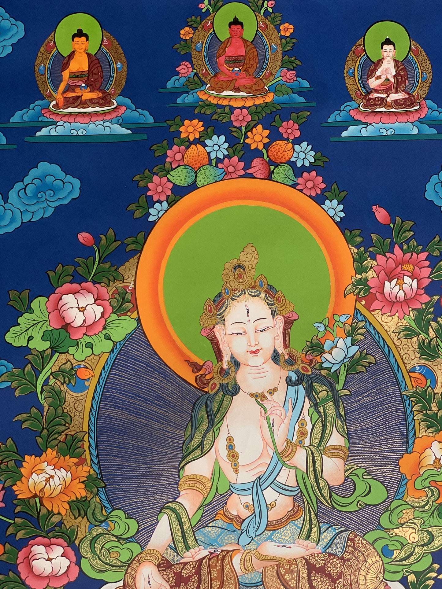 Original Hand painted Large White Tara / Mother Goddess Masterpiece 24 K Gold Tibetan Thanka / Thangka / Painting Compassion Meditation Art