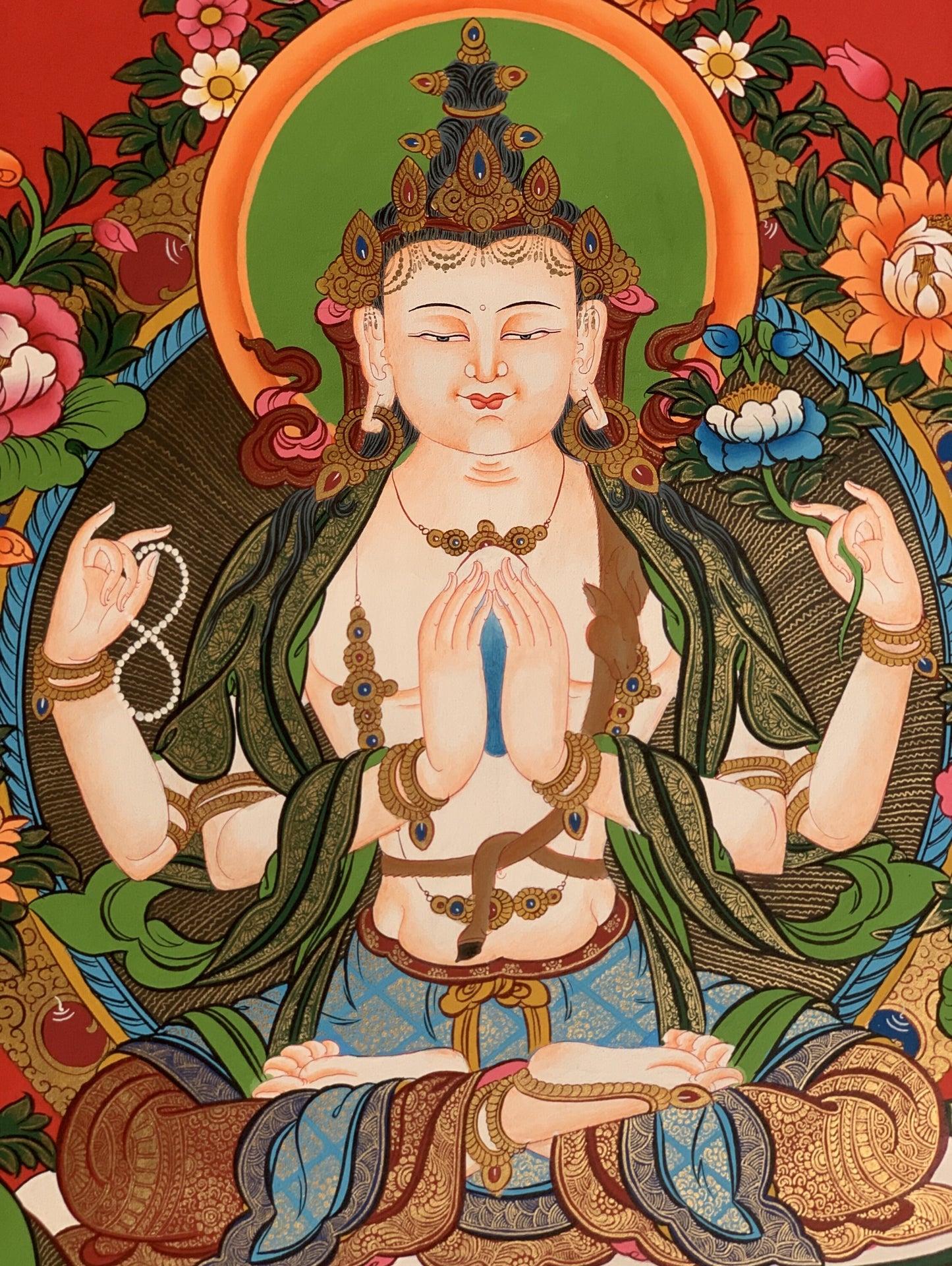 Original Hand Painted Masterpiece Avalokiteshvara/Chenrezig / Compassion Buddha 24 K Gold Tibetan Meditation Thangka / Thanka Painting