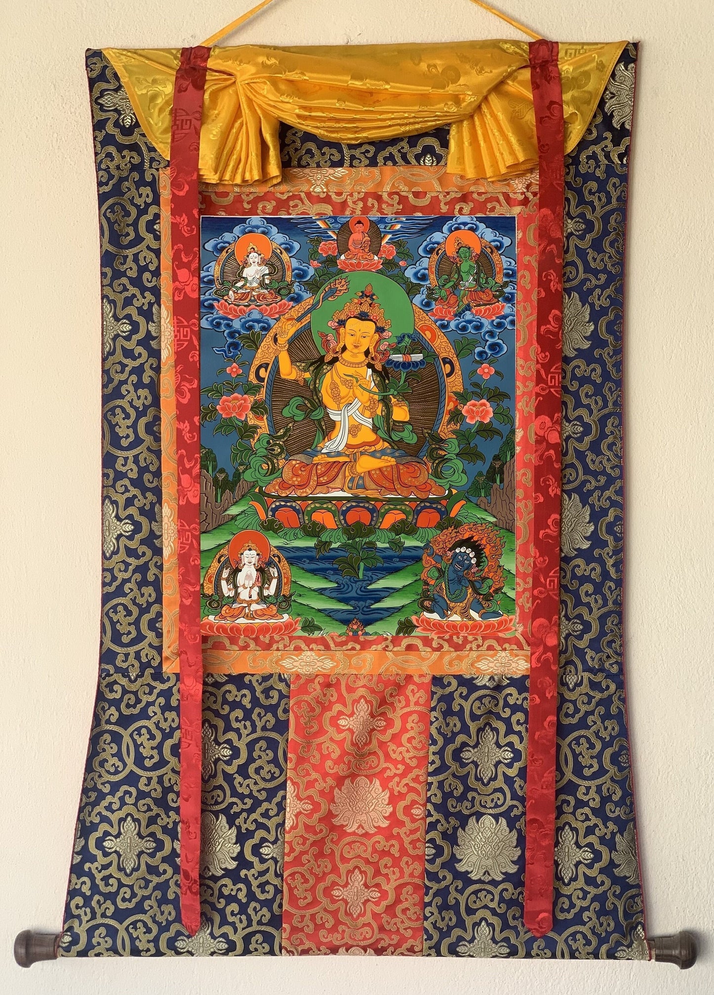 Hand painted Original Master Quality Manjushree / Jampelyang/ God Of Wisdom Tibetan Thanka  / Thangka Painting with Silk Brocade from Nepal