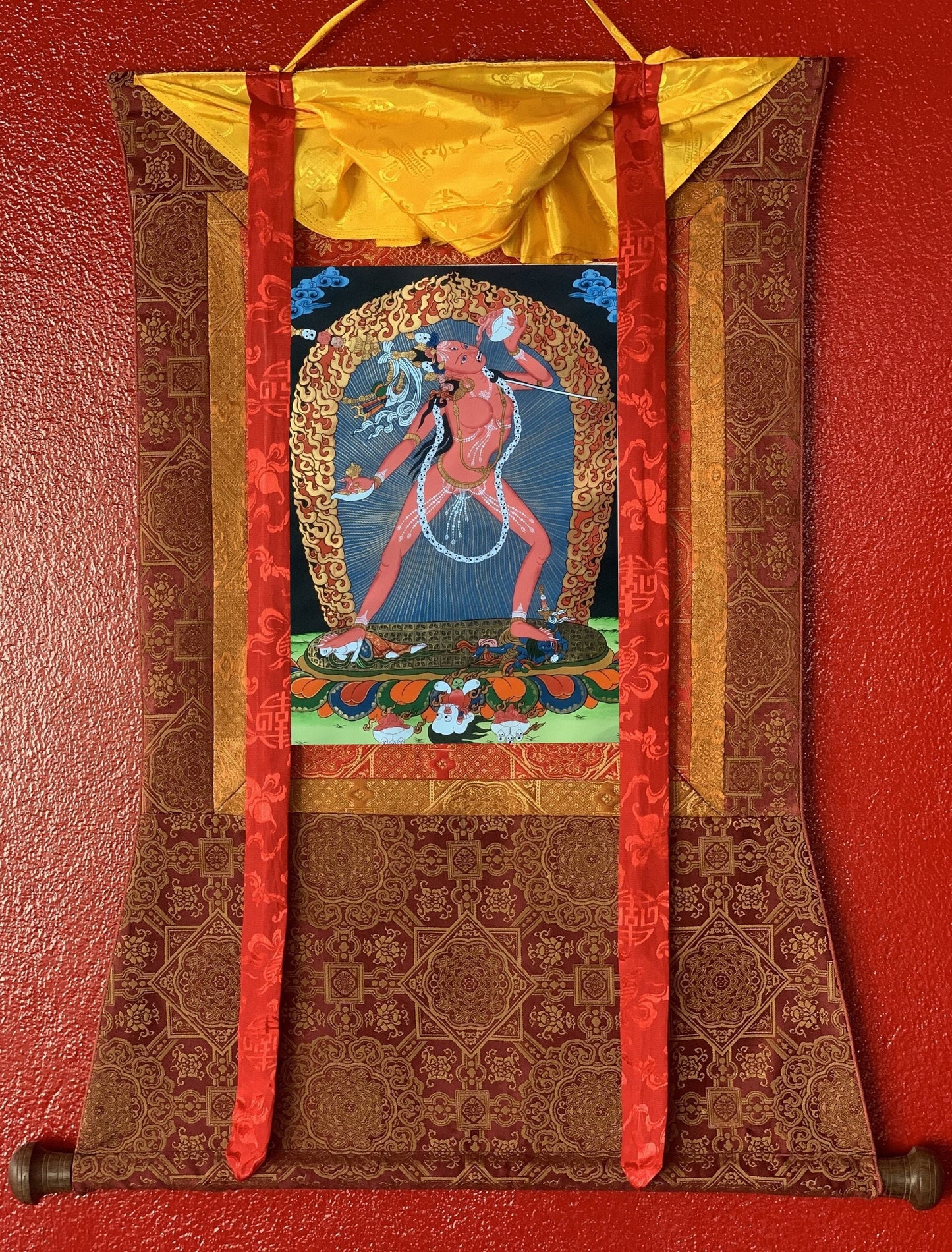 Original Hand Painted Vajrayogini / Vajrabarahi/ Dorje Neljorma / Tibetan Compassion Meditation Thangka Painting with Premium Silk Brocade