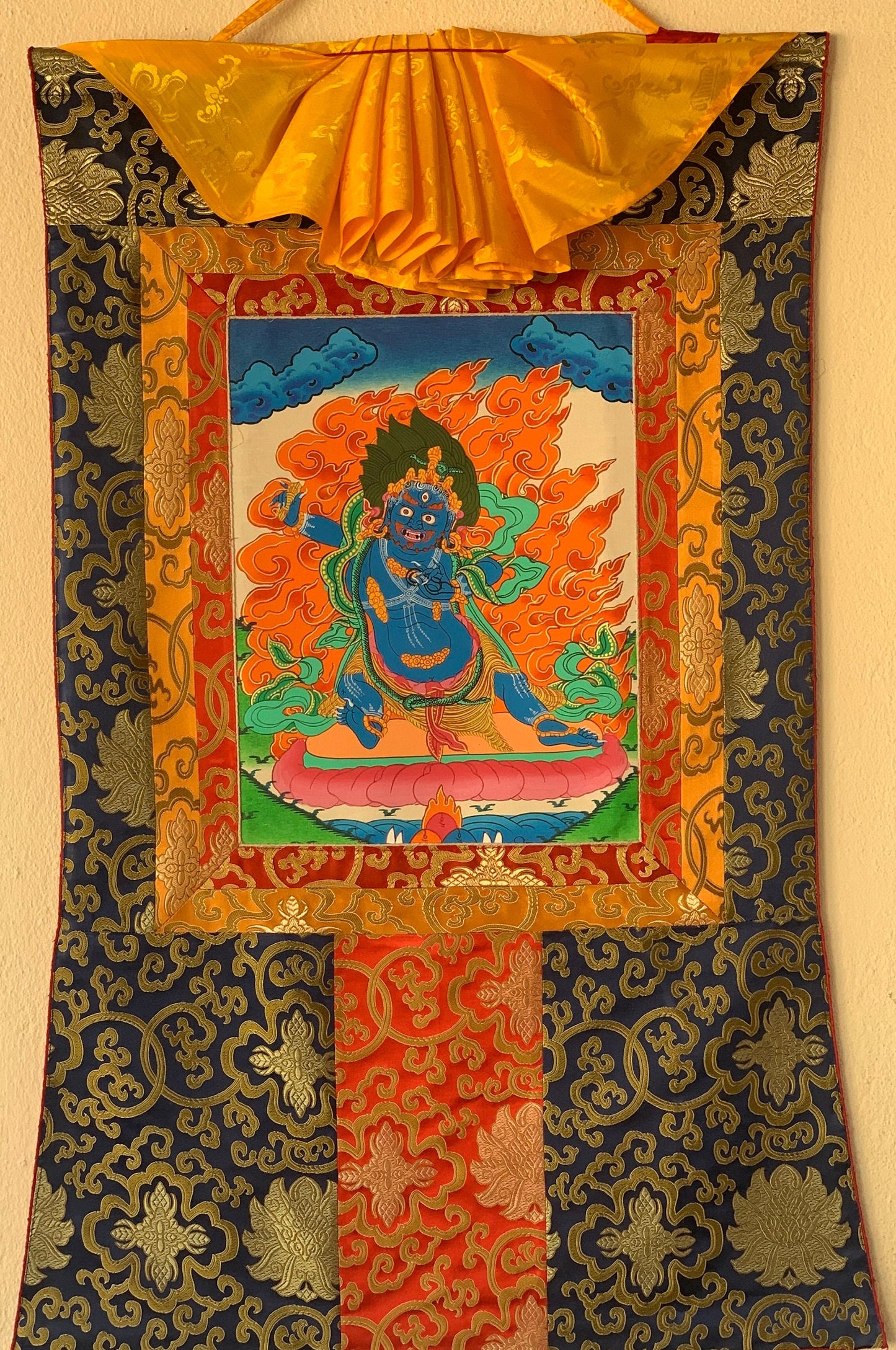 Original Hand-painted Vajarapani, Sangdag Chagna Dorje, Tibetan Thangka  Painting with Silk Brocade