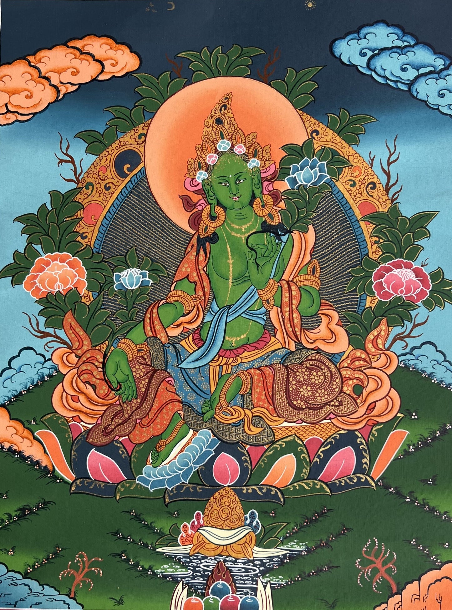 Original Hand painted Green Tara Masterpiece Compassion Meditation Art/  Wall Hanging/ Tibetan Thangka  / Thangka Painting From Nepal