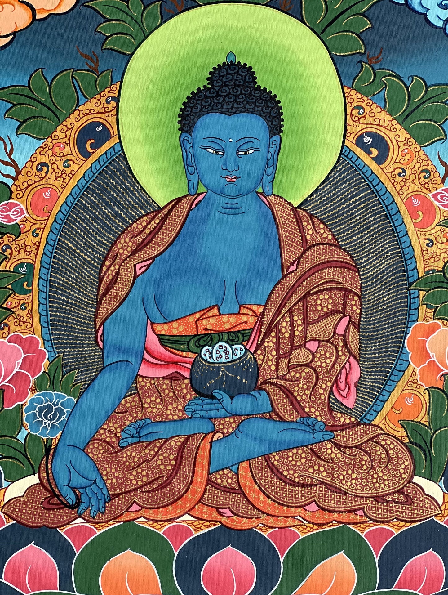 Original Hand Painted Medicine Buddha / Bhaisajyaguru Masterpiece Tibetan Thangka / Thanka Painting Compassion Meditation Art From Nepal