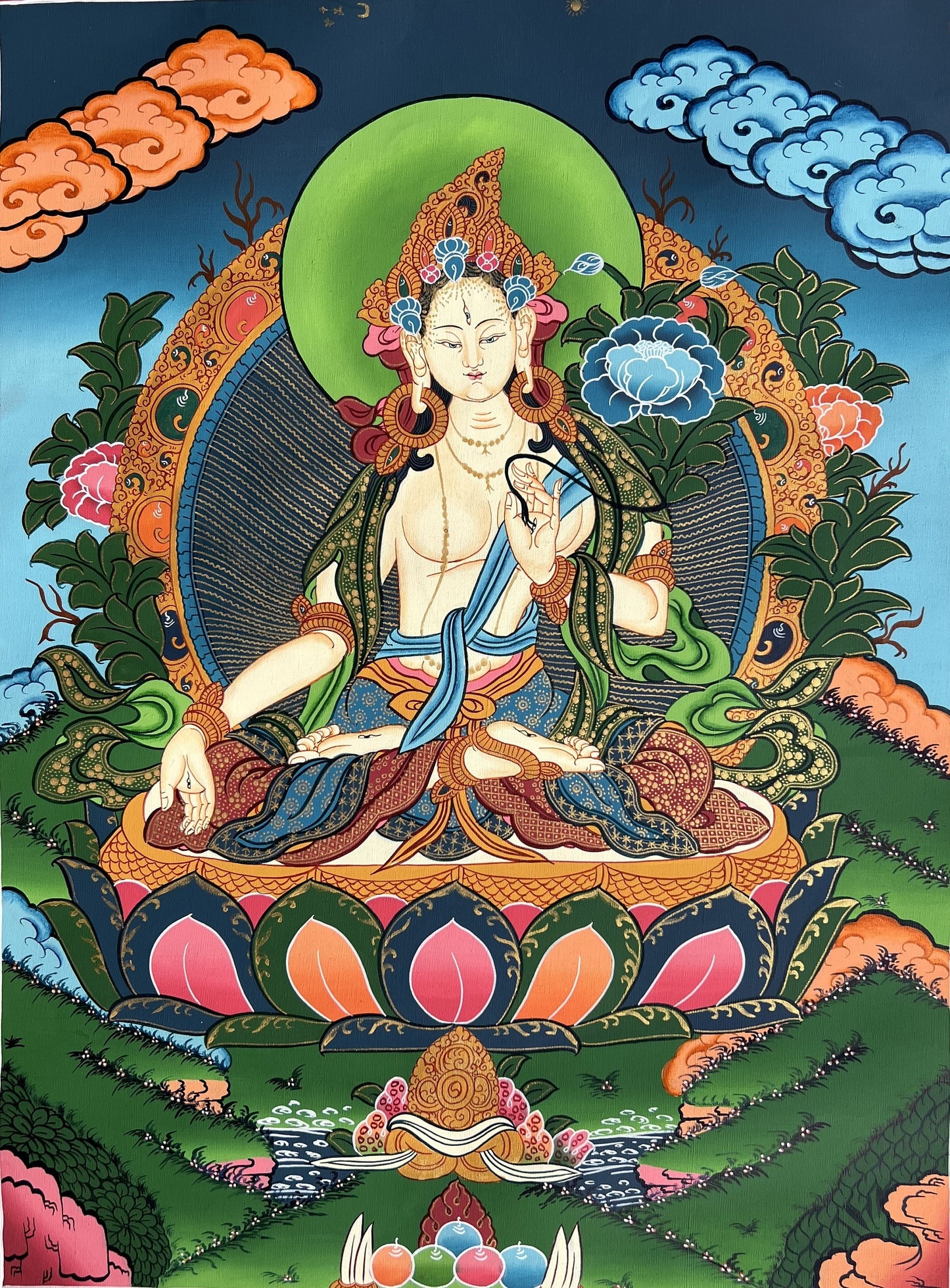 Hand painted Original White Tara / Mother Goddess Tara Masterpiece Tibetan Thanka  / Thangka Painting Compassion Meditation Art From Nepal
