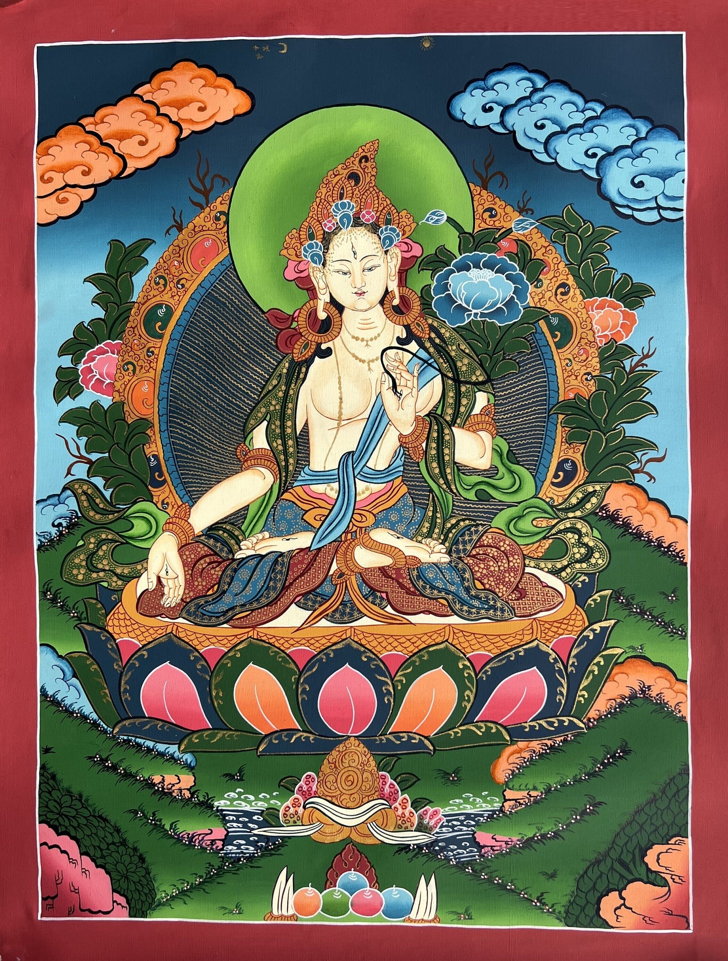 Hand painted Original White Tara / Mother Goddess Tara Masterpiece Tibetan Thanka  / Thangka Painting Compassion Meditation Art From Nepal