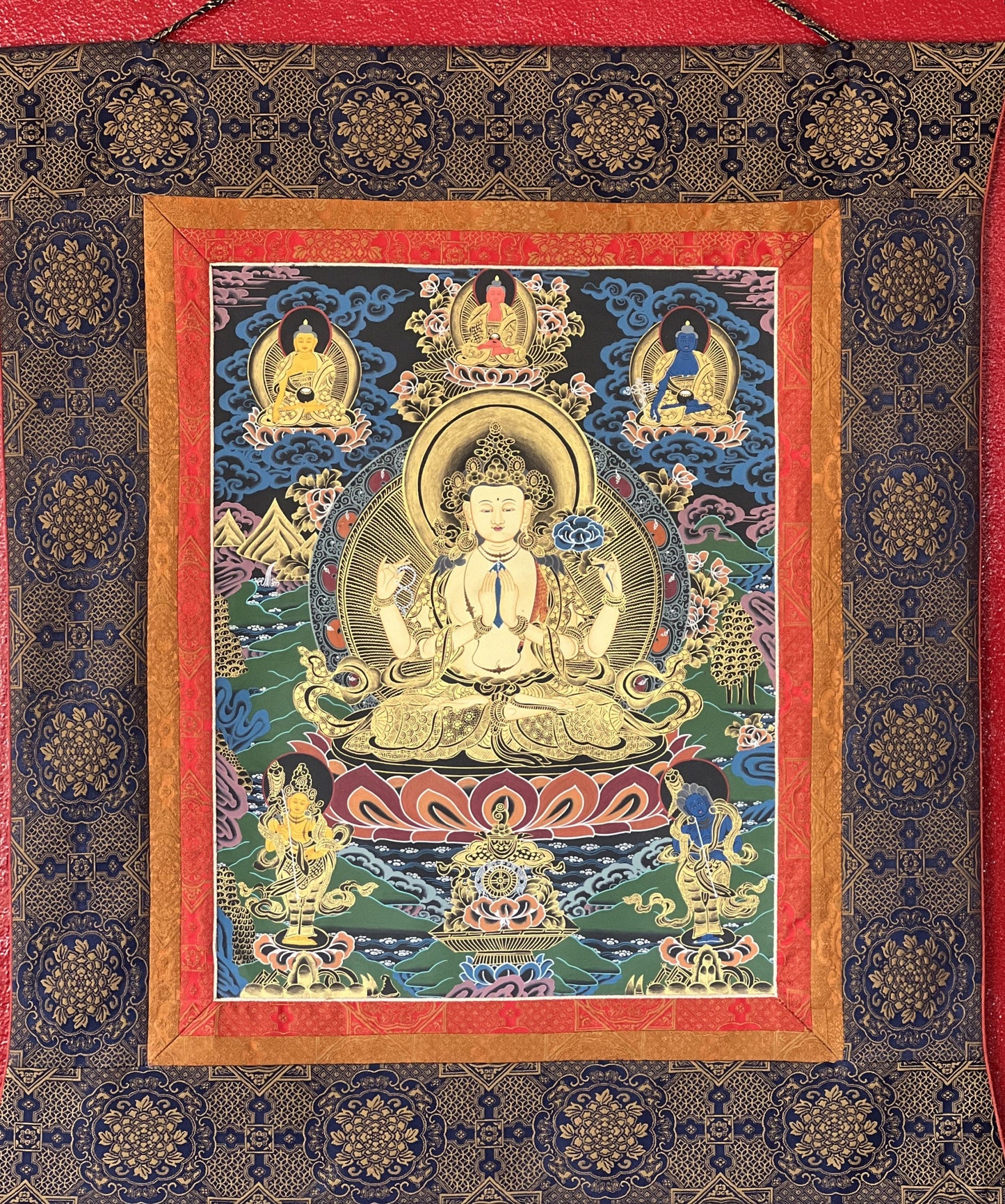 Original Hand-painted Avalokiteshvara/CHENREZIG/Compassion Buddha Master Quality Tibetan Meditation Thangka Painting with Narrow Border