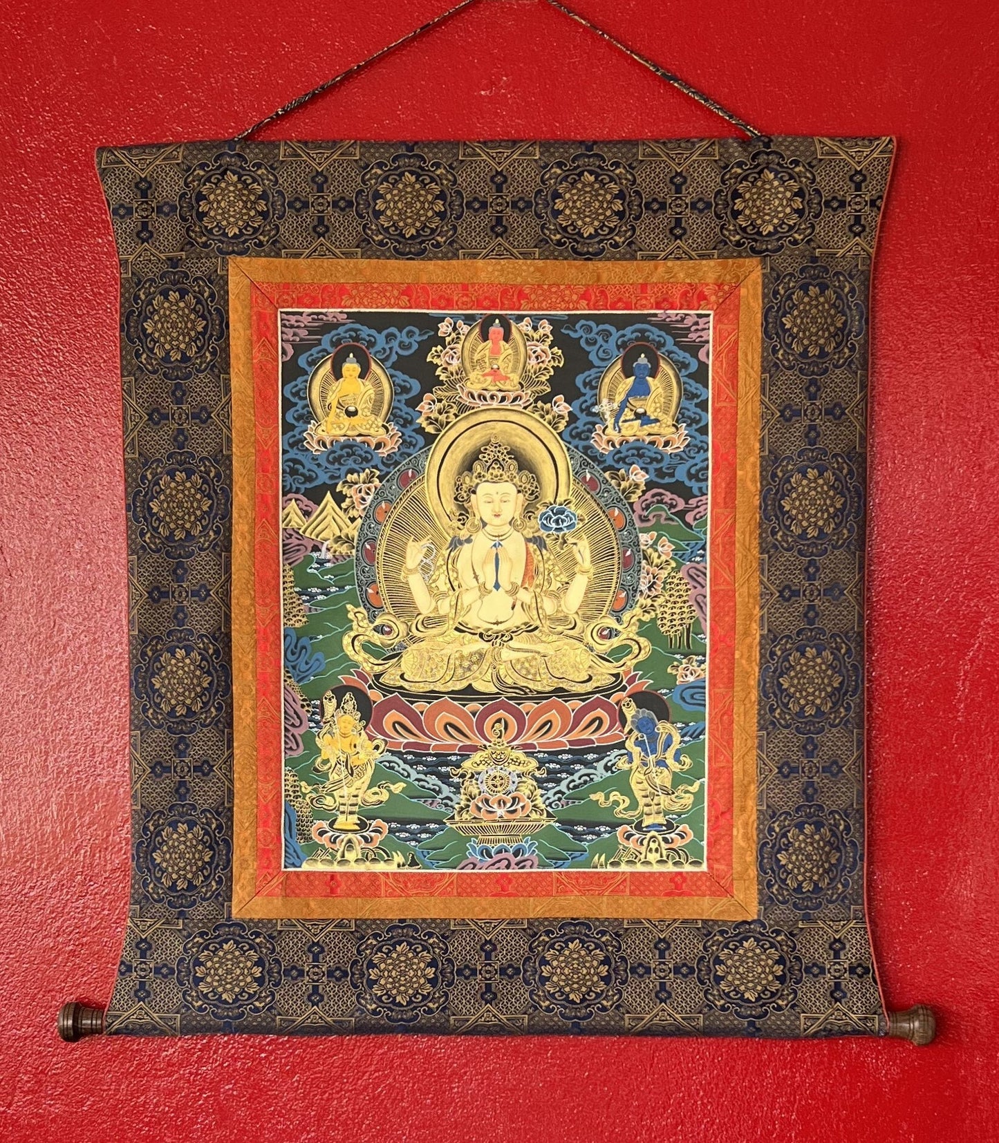 Original Hand-painted Avalokiteshvara/CHENREZIG/Compassion Buddha Master Quality Tibetan Meditation Thangka Painting with Narrow Border