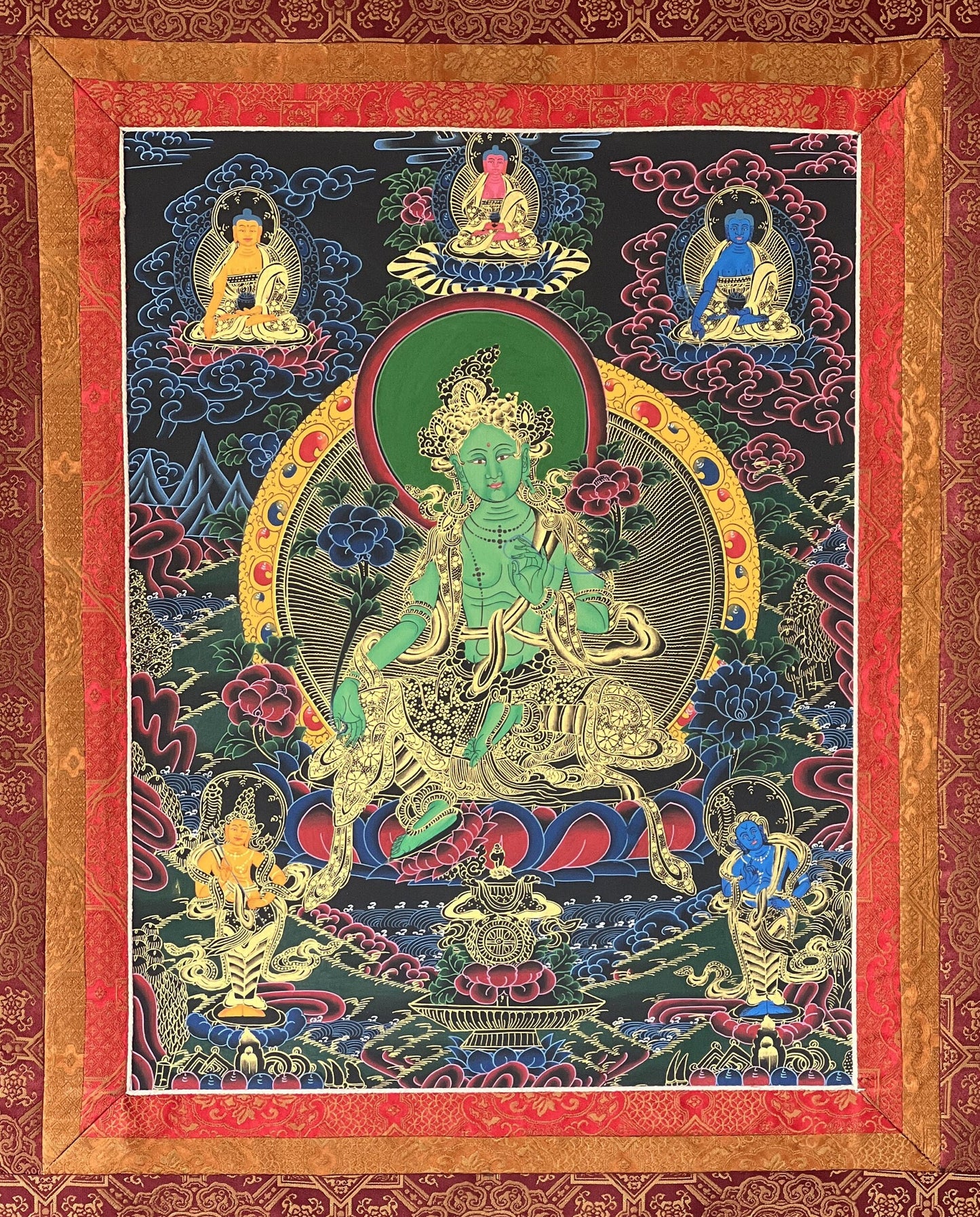 Hand painted Original Green Tara Masterpiece Tibetan Wall Hanging Thangka Painting Compassion Meditation Art with Narrow Silk Border