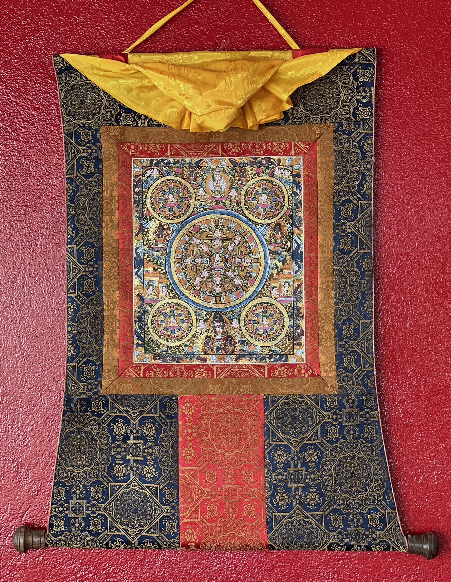 Original Hand Painted Five Buddha Life Mandala / Pancha Mandala Life Masterpiece Tibetan Meditation Thangka Painting Premium Silk Bordered
