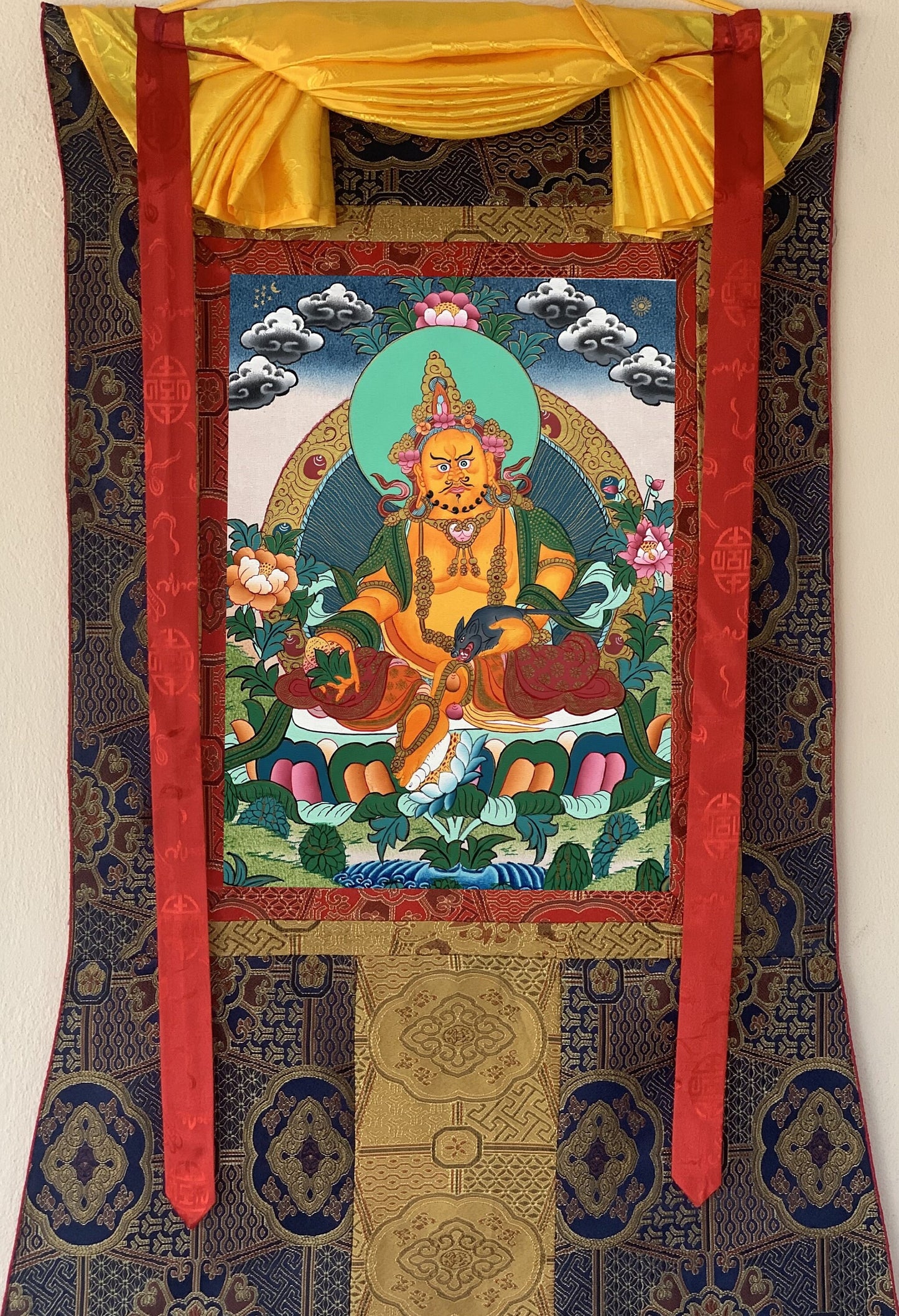 Original Hand-painted, Jambhala / Zambhala/ Kuber/ God of Wealth Masterpiece Tibetan Thangka Painting with Premium Khadi Silk Brocade