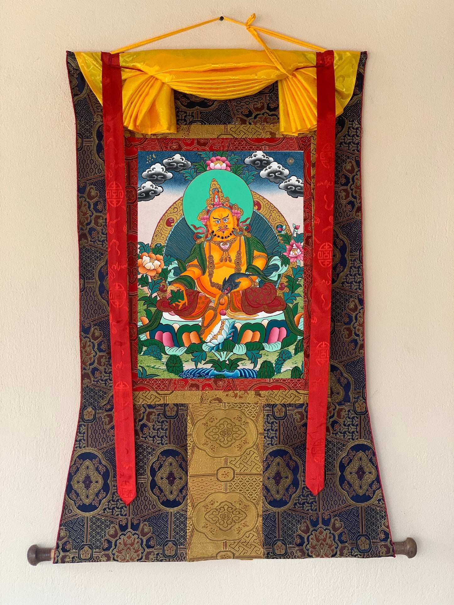 Original Hand-painted, Jambhala / Zambhala/ Kuber/ God of Wealth Masterpiece Tibetan Thangka Painting with Premium Khadi Silk Brocade